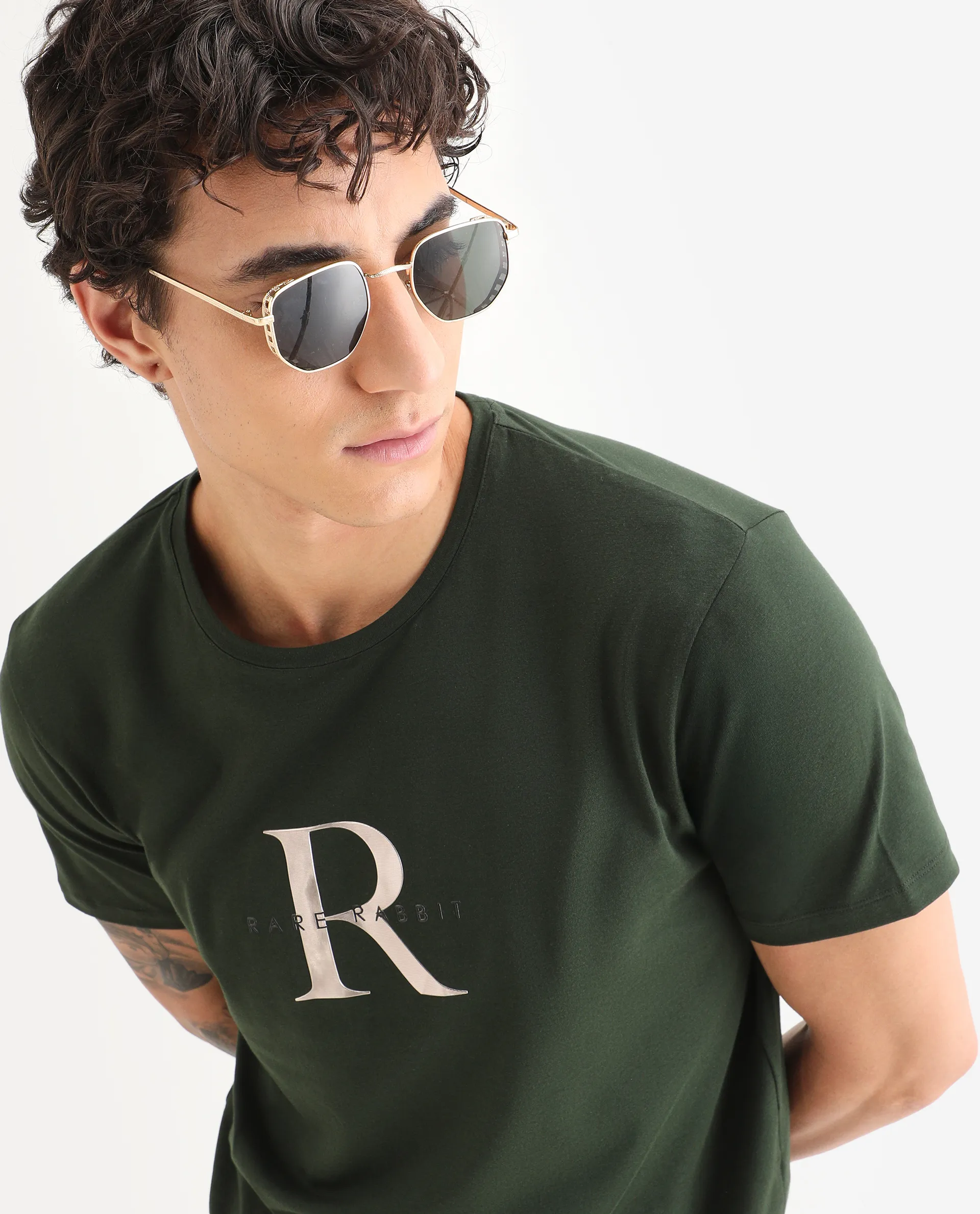 Rare Rabbit Men's Toka Dark Green Cotton Blend Fabric Half Sleeve Crew Neck Regular Fit Graphic Print T-Shirt