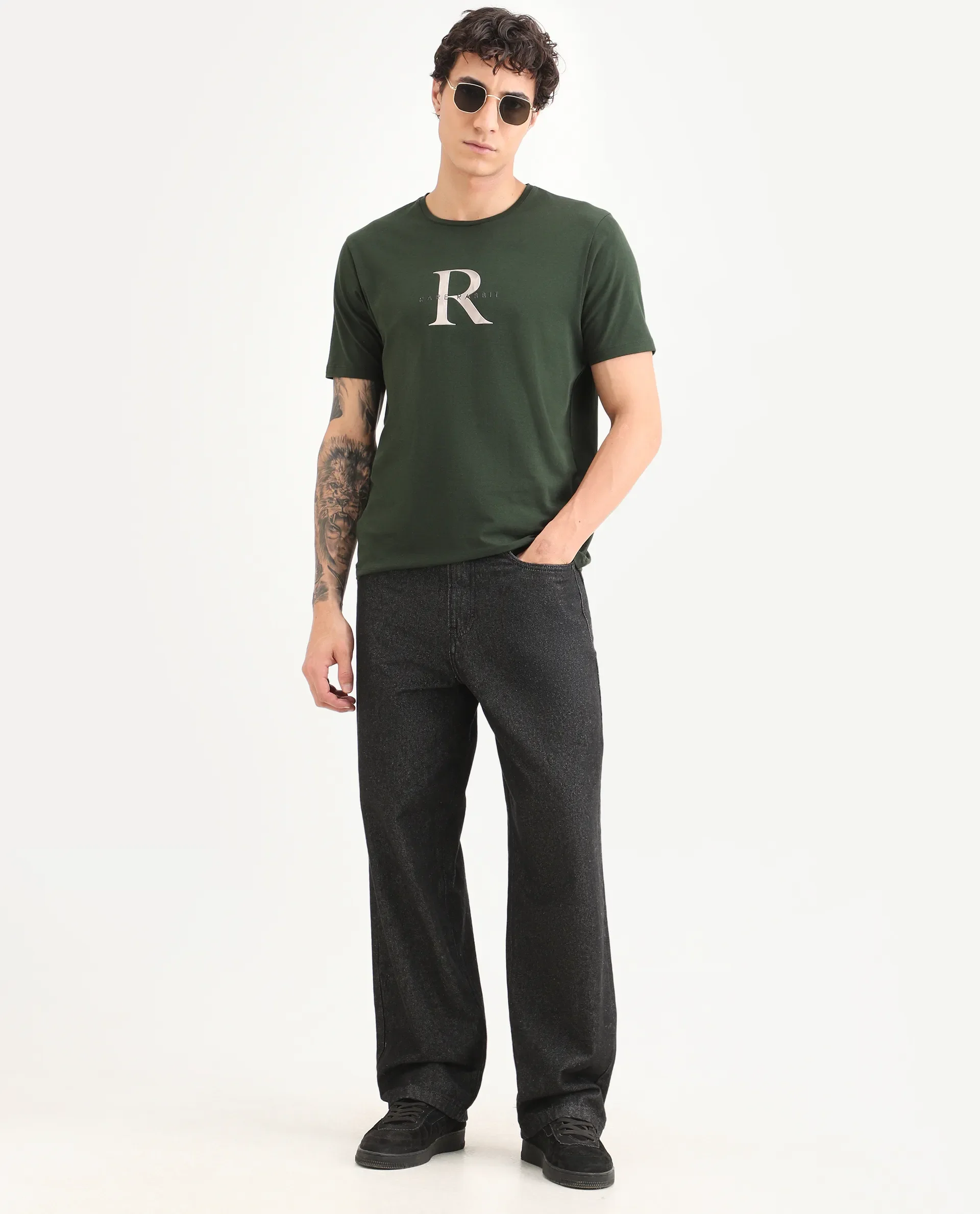 Rare Rabbit Men's Toka Dark Green Cotton Blend Fabric Half Sleeve Crew Neck Regular Fit Graphic Print T-Shirt - Image 2