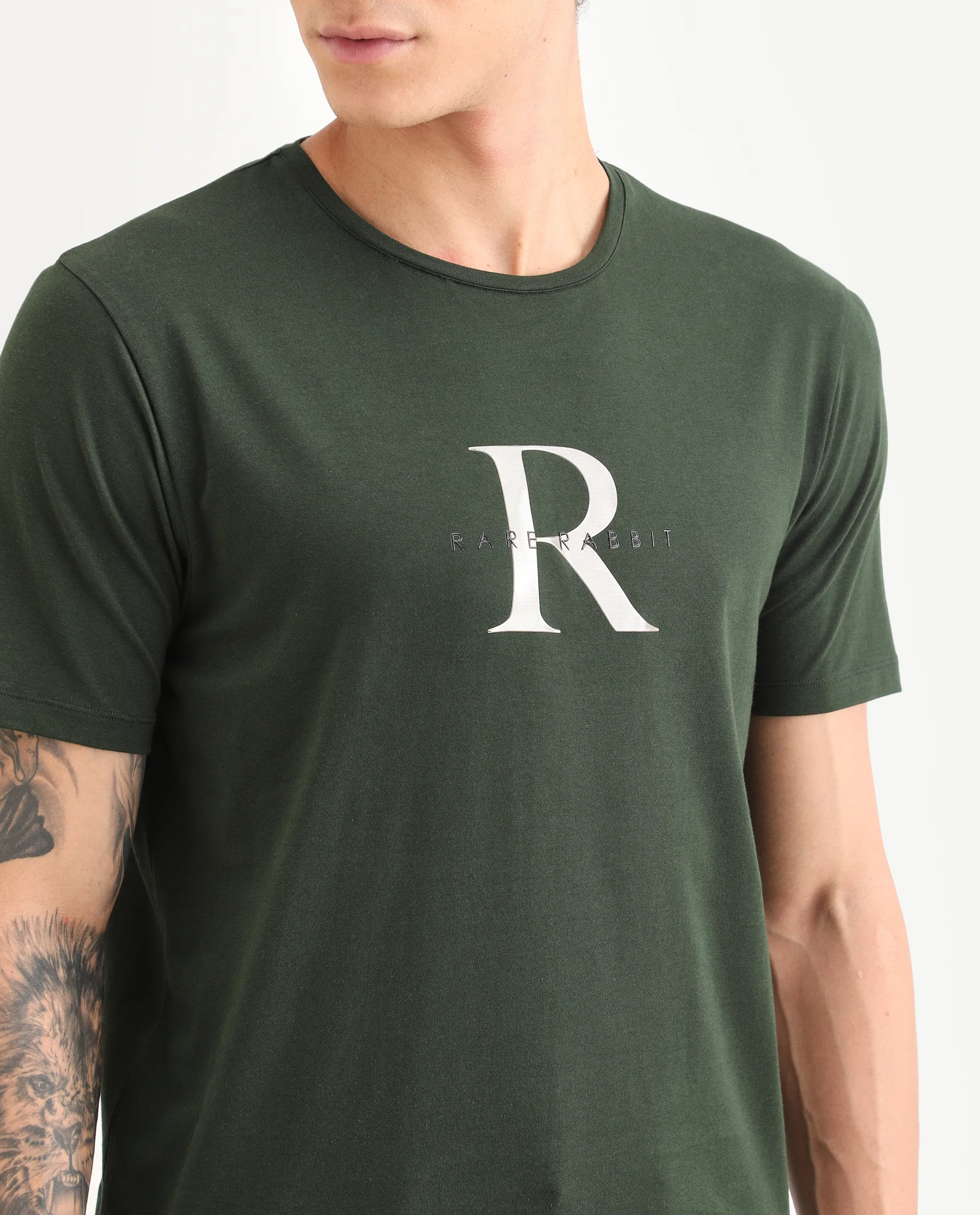 Rare Rabbit Men's Toka Dark Green Cotton Blend Fabric Half Sleeve Crew Neck Regular Fit Graphic Print T-Shirt - Image 3