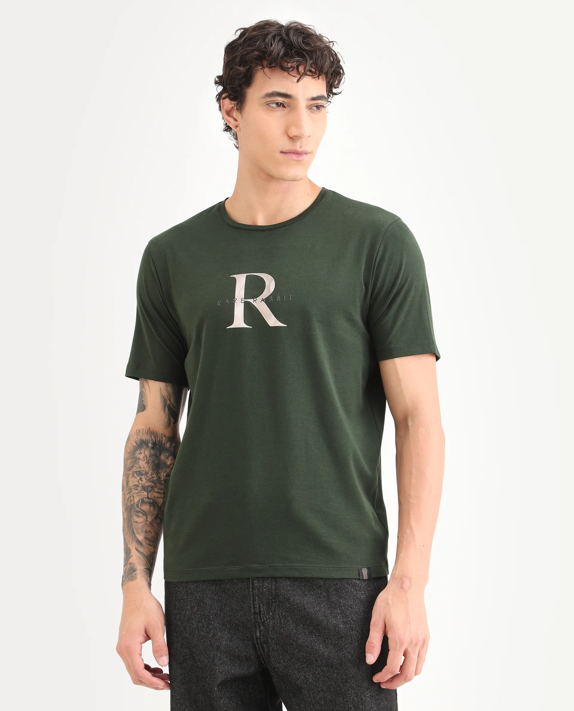 Rare Rabbit Men's Toka Dark Green Cotton Blend Fabric Half Sleeve Crew Neck Regular Fit Graphic Print T-Shirt - Image 4