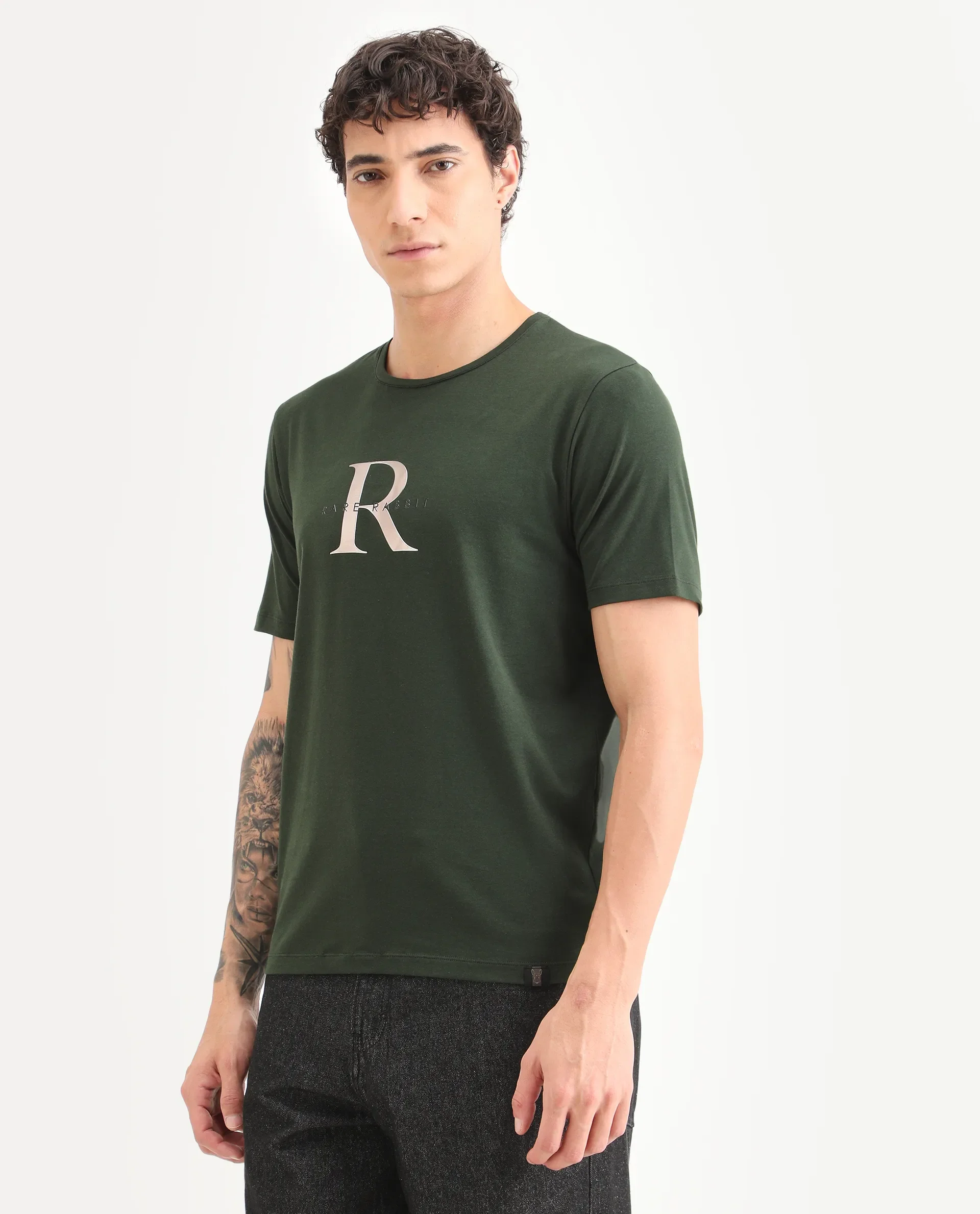 Rare Rabbit Men's Toka Dark Green Cotton Blend Fabric Half Sleeve Crew Neck Regular Fit Graphic Print T-Shirt - Image 5