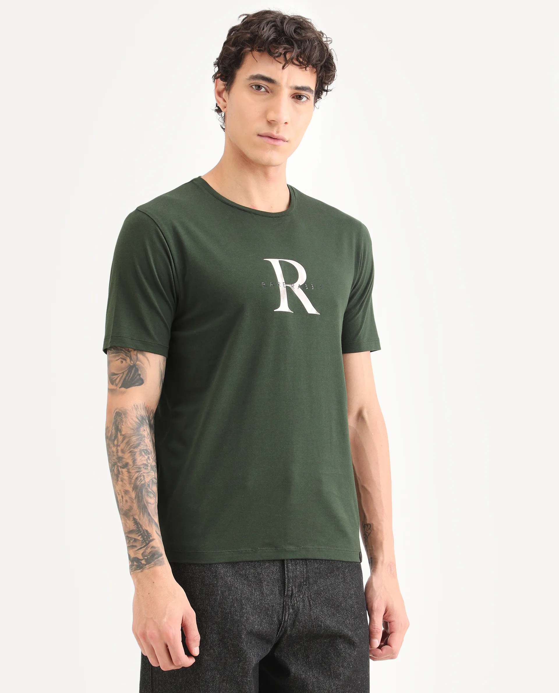 Rare Rabbit Men's Toka Dark Green Cotton Blend Fabric Half Sleeve Crew Neck Regular Fit Graphic Print T-Shirt - Image 6