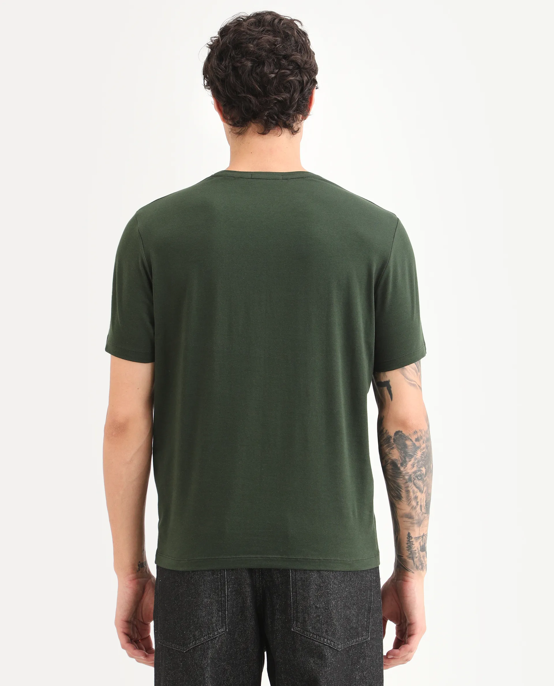 Rare Rabbit Men's Toka Dark Green Cotton Blend Fabric Half Sleeve Crew Neck Regular Fit Graphic Print T-Shirt - Image 8