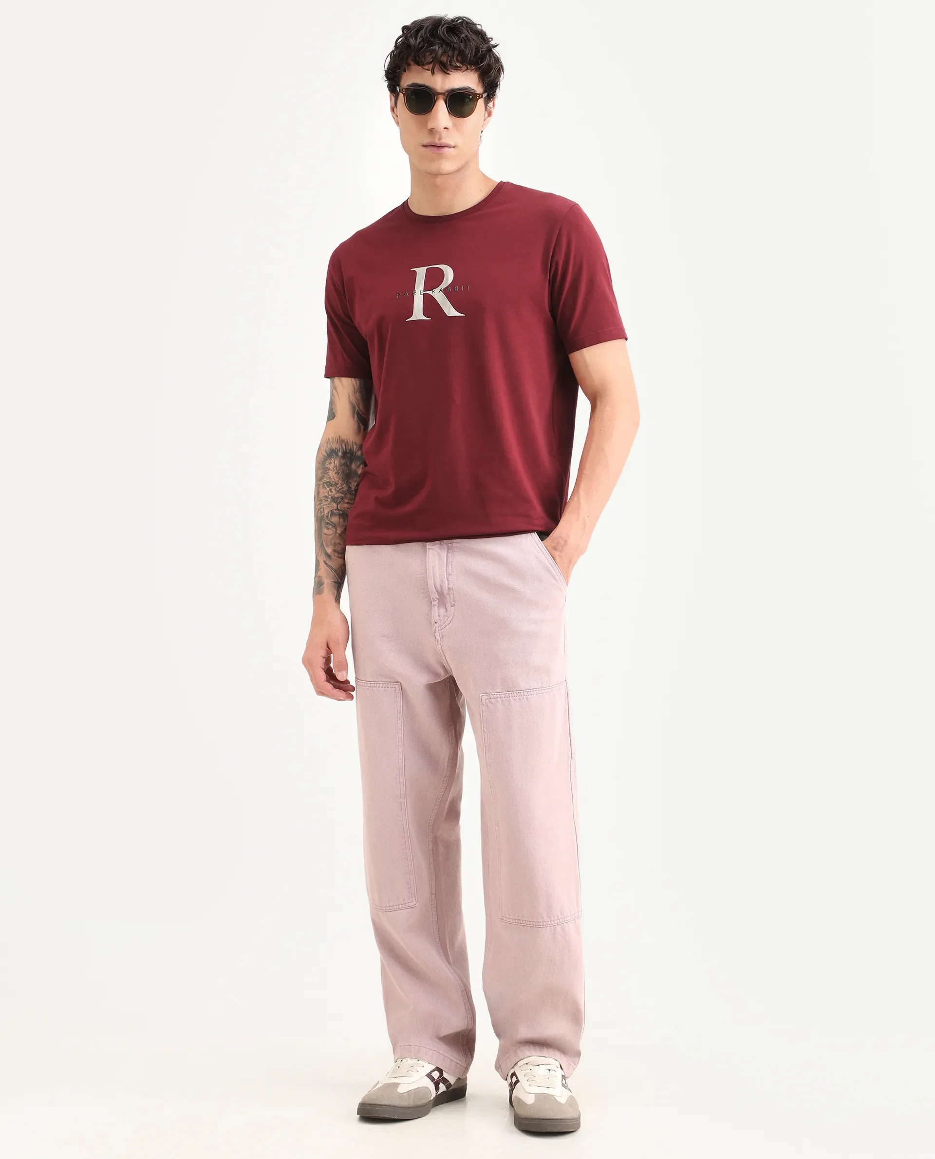 Rare Rabbit Men's Toka Dark Red Cotton Blend Fabric Half Sleeve Crew Neck Regular Fit Graphic Print T-Shirt - Image 2