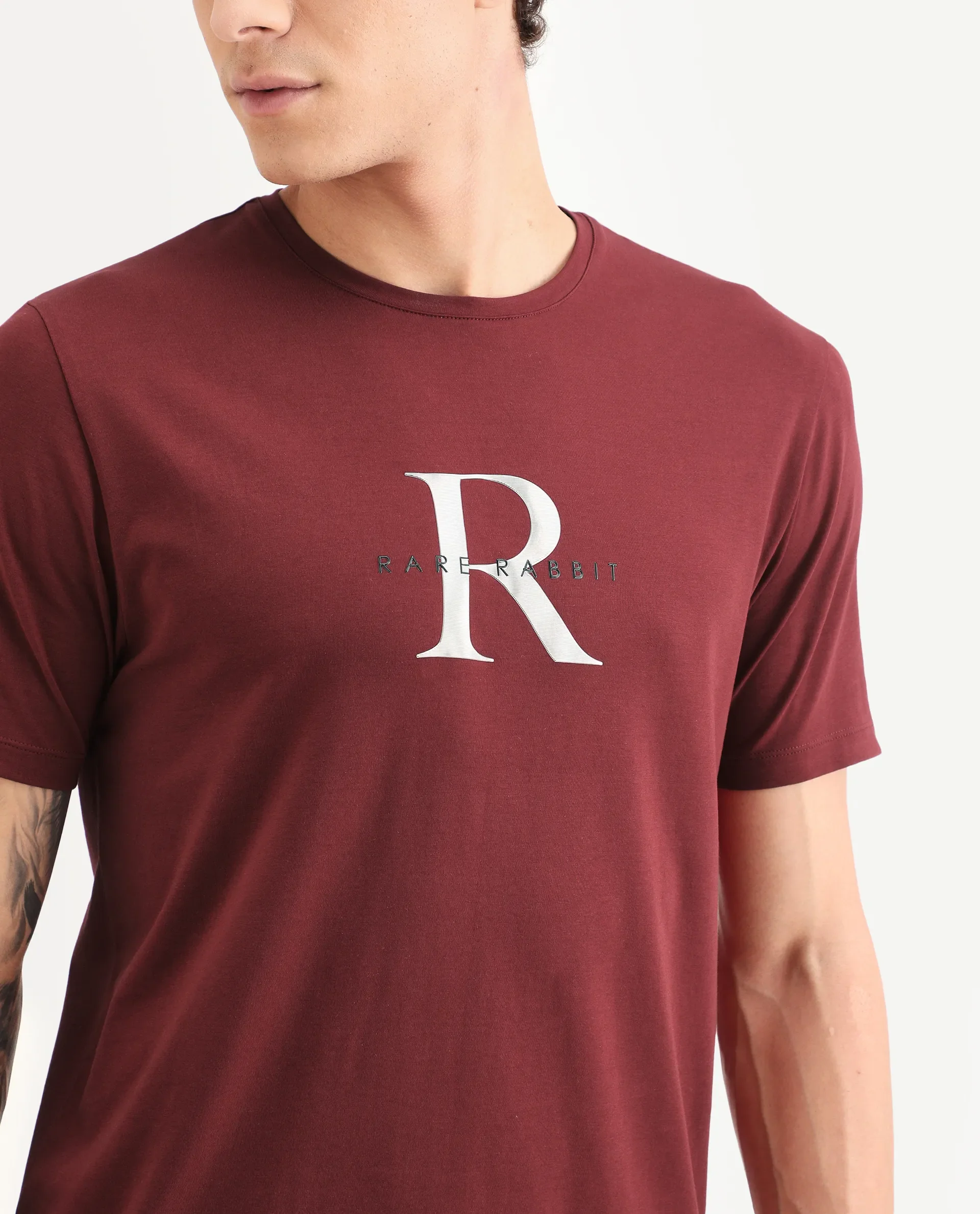 Rare Rabbit Men's Toka Dark Red Cotton Blend Fabric Half Sleeve Crew Neck Regular Fit Graphic Print T-Shirt - Image 3