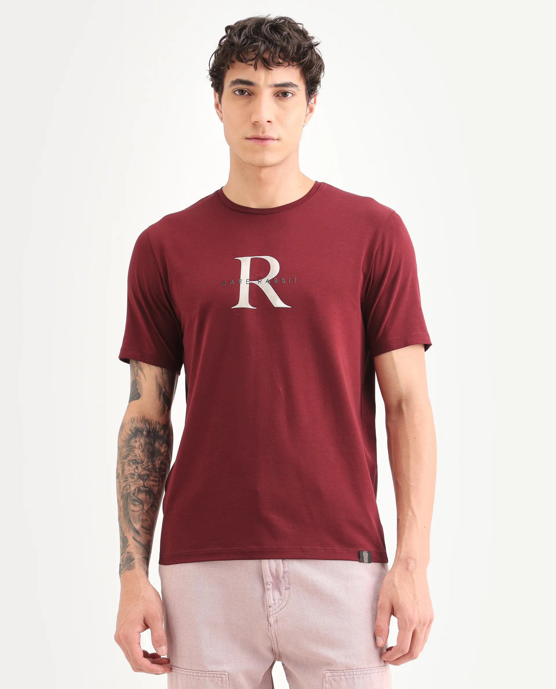 Rare Rabbit Men's Toka Dark Red Cotton Blend Fabric Half Sleeve Crew Neck Regular Fit Graphic Print T-Shirt - Image 4