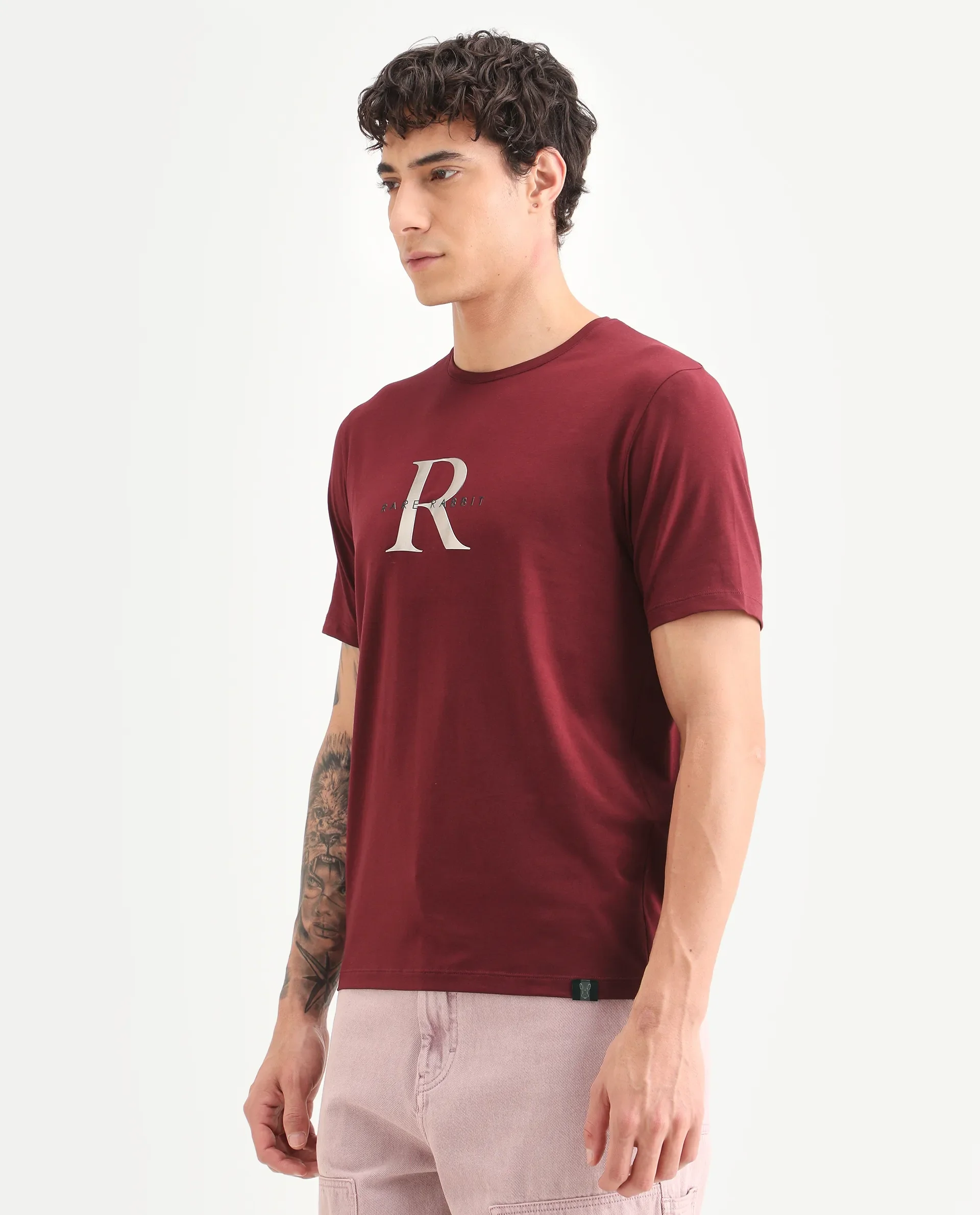 Rare Rabbit Men's Toka Dark Red Cotton Blend Fabric Half Sleeve Crew Neck Regular Fit Graphic Print T-Shirt - Image 5