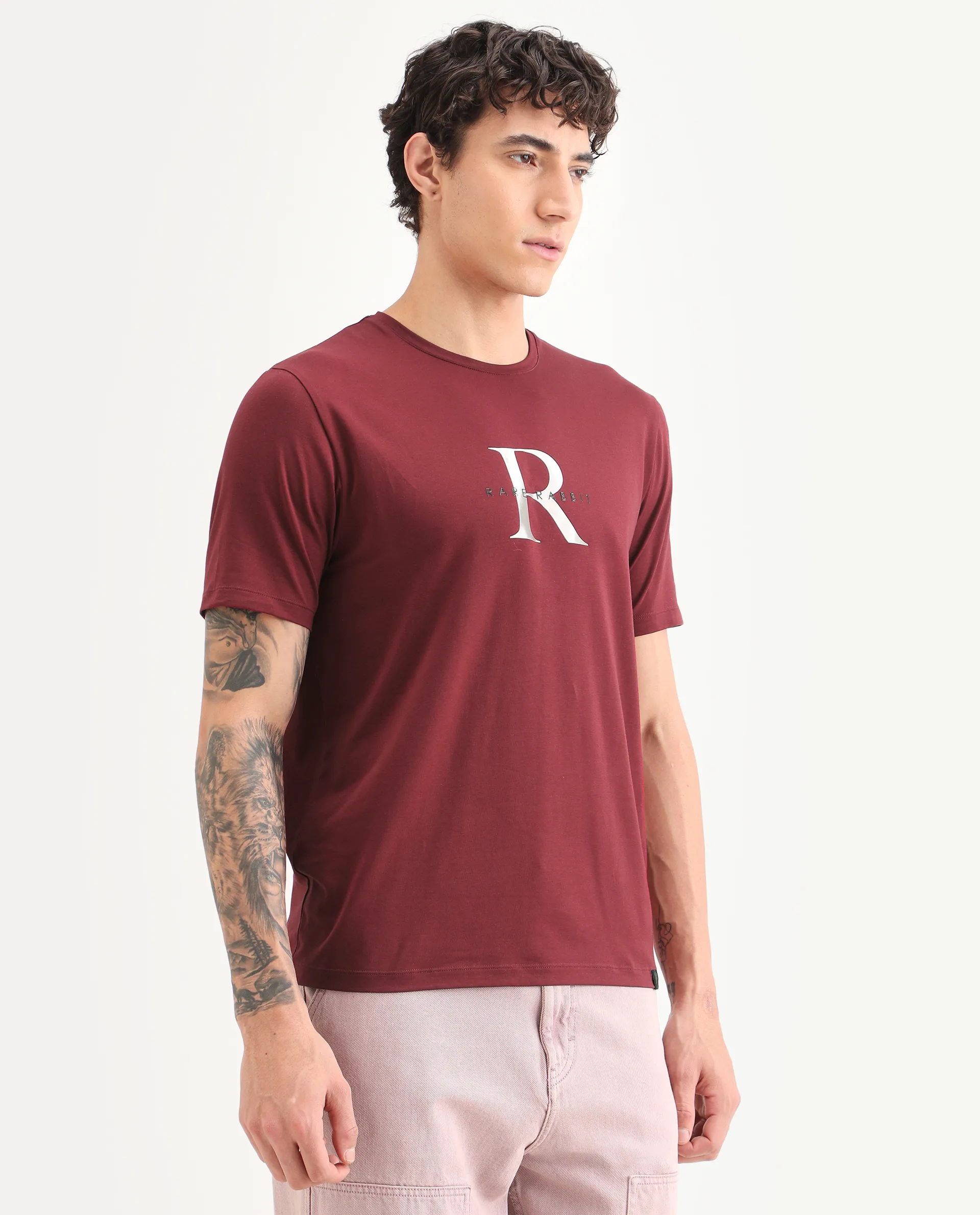 Rare Rabbit Men's Toka Dark Red Cotton Blend Fabric Half Sleeve Crew Neck Regular Fit Graphic Print T-Shirt - Image 6