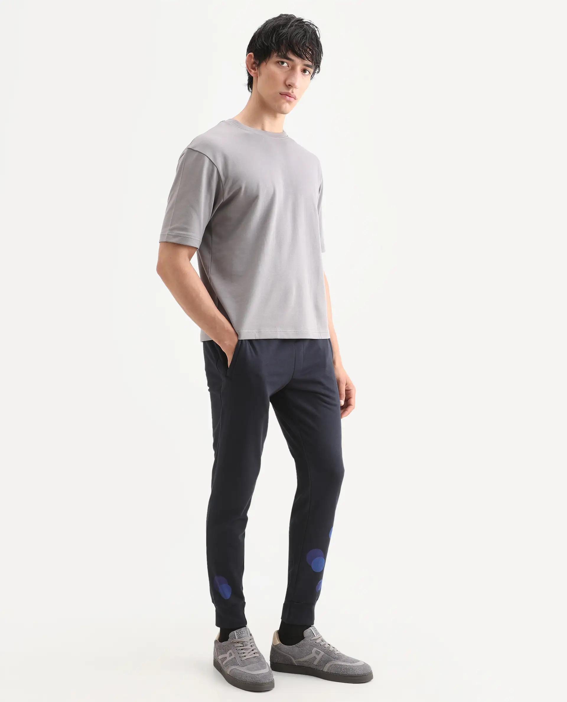 Rare Rabbit Men's Toka Navy Cotton Polka Print Regular Fit Joggers - Image 8
