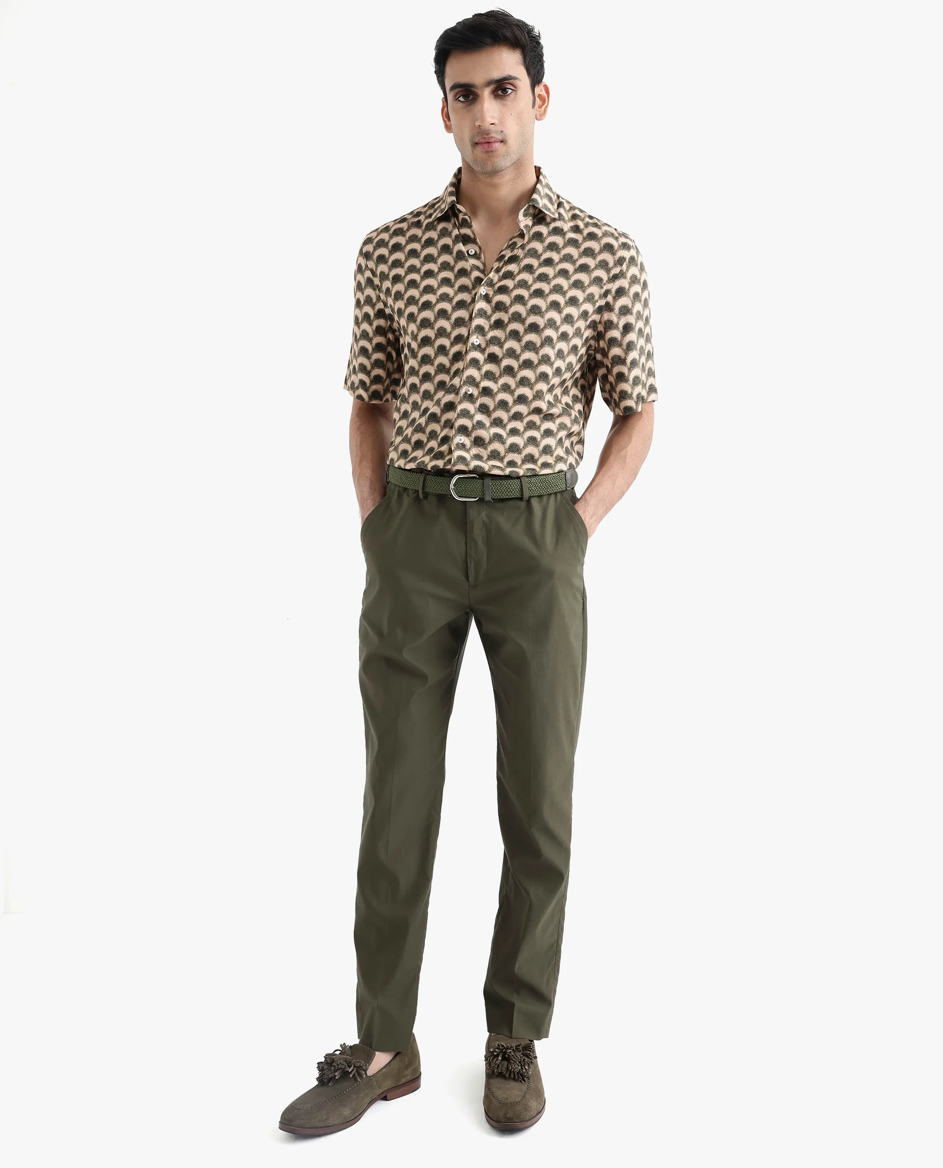 Rare Rabbit Men's Tokai Brown Viscose Geometric Print Regular Fit Half Sleeve Collared Shirt - Image 2
