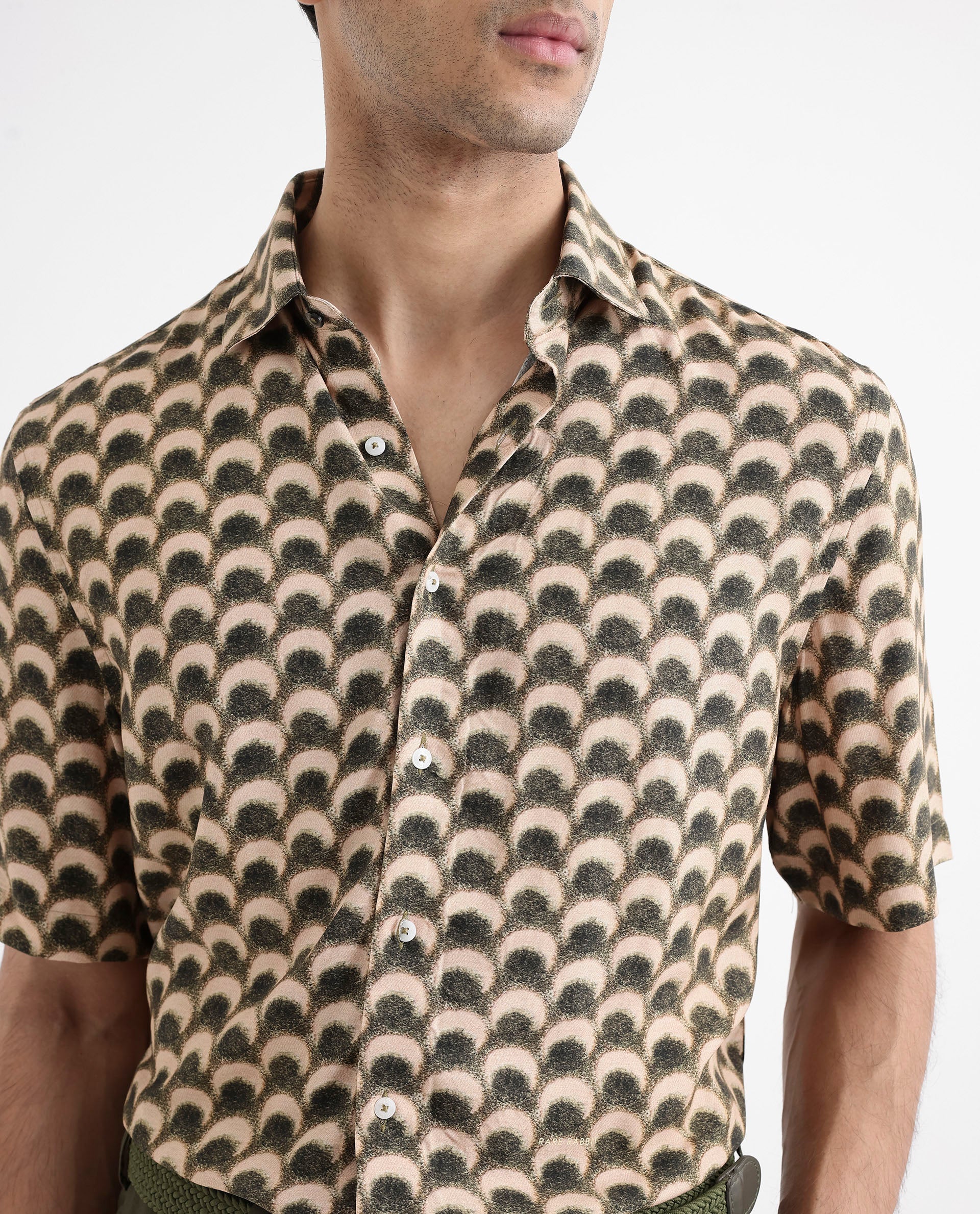 Rare Rabbit Men's Tokai Brown Viscose Geometric Print Regular Fit Half Sleeve Collared Shirt - Image 3