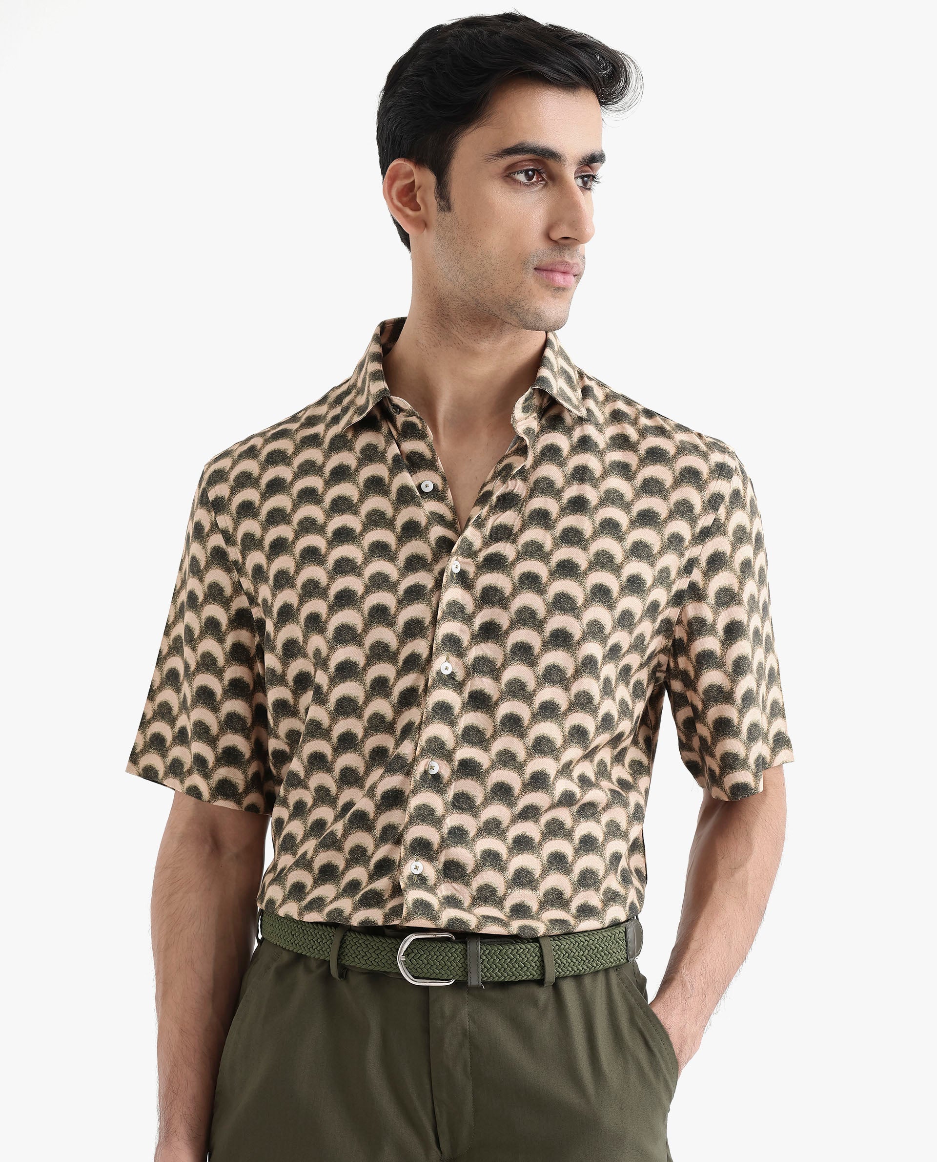 Rare Rabbit Men's Tokai Brown Viscose Geometric Print Regular Fit Half Sleeve Collared Shirt - Image 4