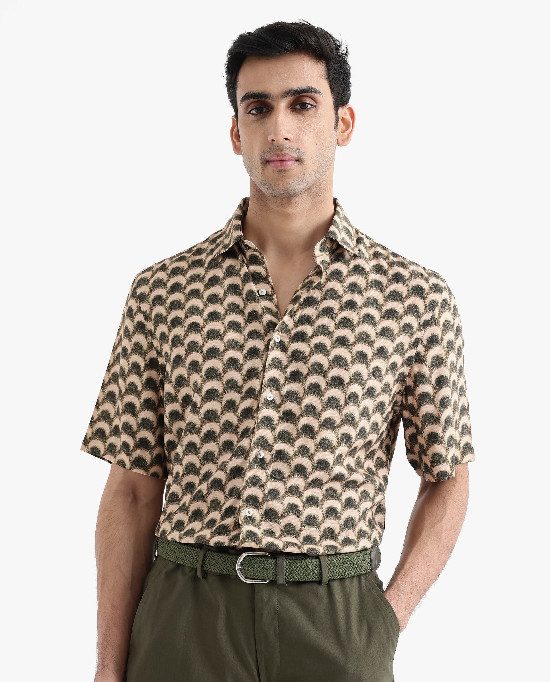 Rare Rabbit Men's Tokai Brown Viscose Geometric Print Regular Fit Half Sleeve Collared Shirt - Image 5