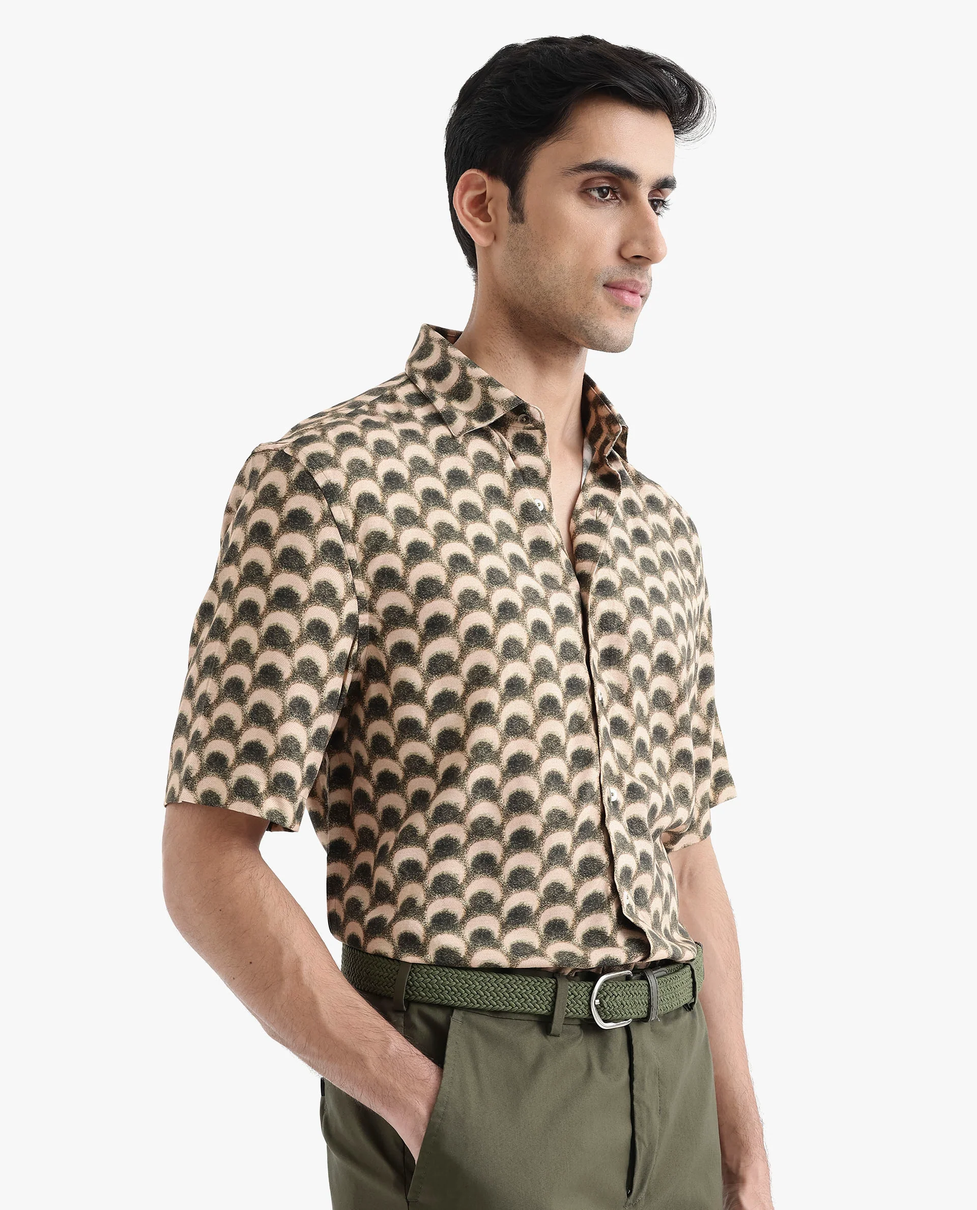Rare Rabbit Men's Tokai Brown Viscose Geometric Print Regular Fit Half Sleeve Collared Shirt - Image 6