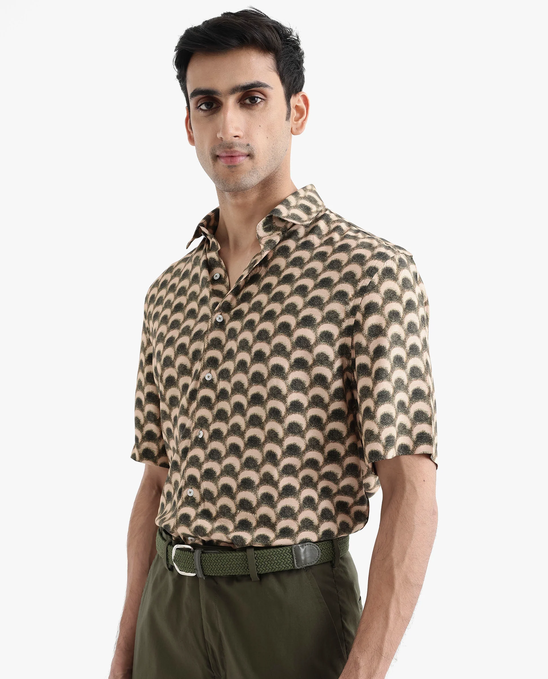 Rare Rabbit Men's Tokai Brown Viscose Geometric Print Regular Fit Half Sleeve Collared Shirt - Image 7