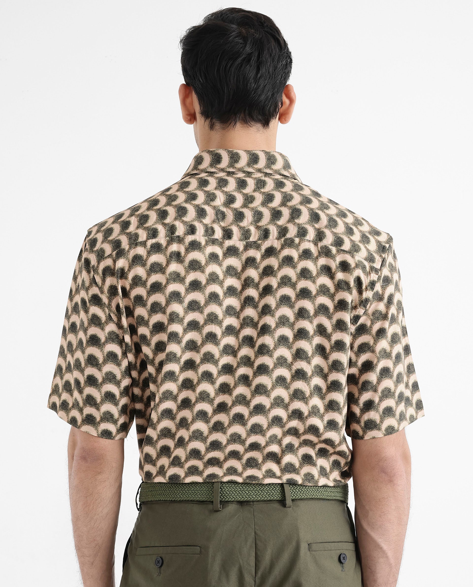 Rare Rabbit Men's Tokai Brown Viscose Geometric Print Regular Fit Half Sleeve Collared Shirt - Image 8