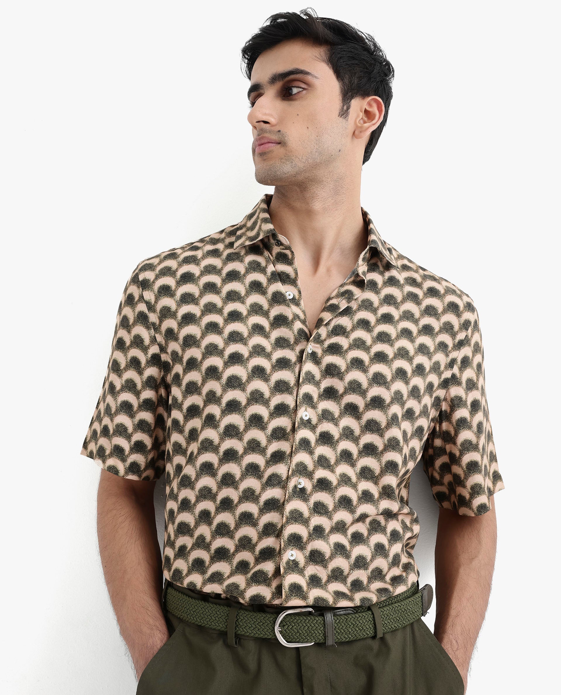 Rare Rabbit Men's Tokai Brown Viscose Geometric Print Regular Fit Half Sleeve Collared Shirt - Image 9
