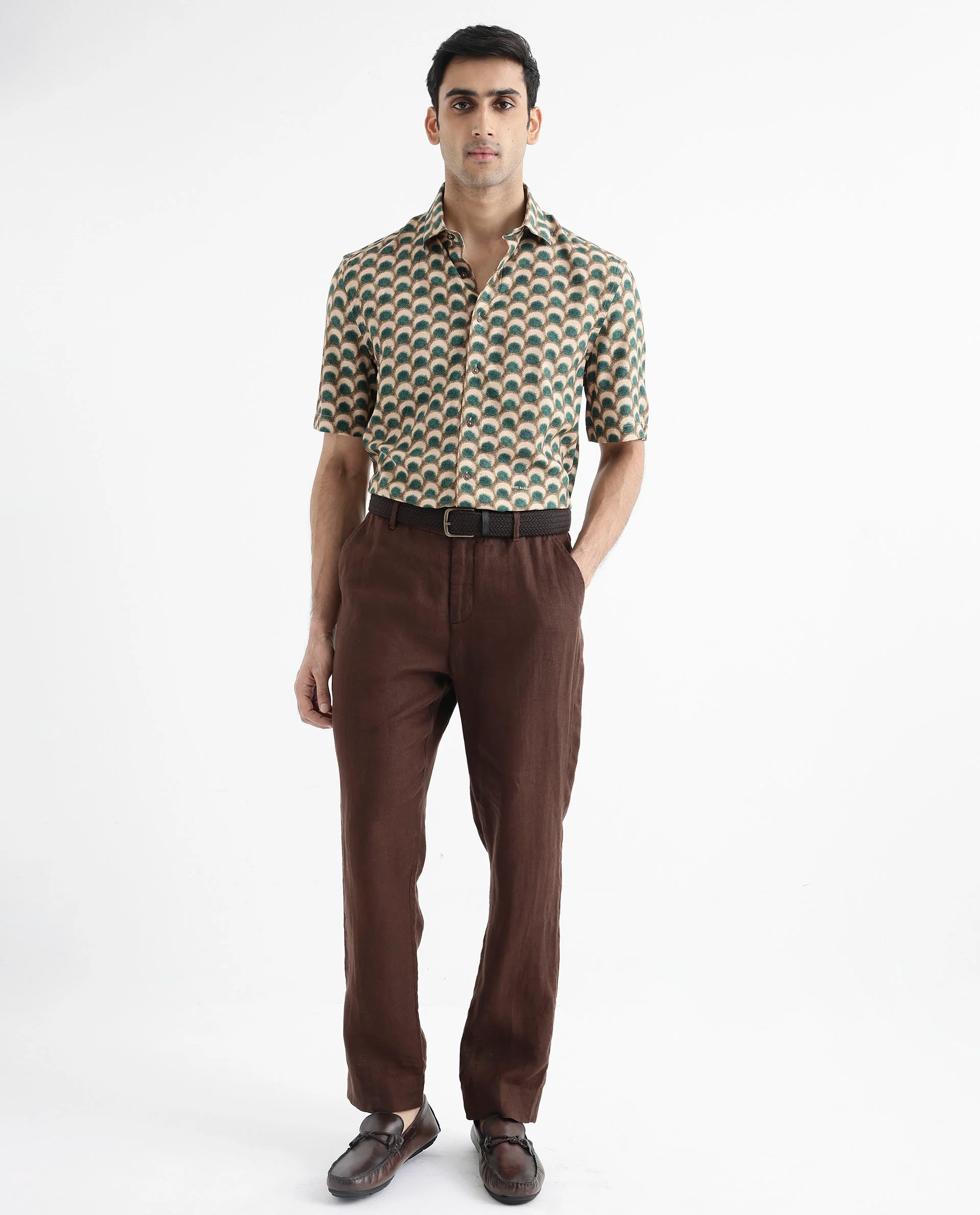 Rare Rabbit Men's Tokai Olive Viscose Geometric Print Regular Fit Half Sleeve Collared Shirt - Image 2