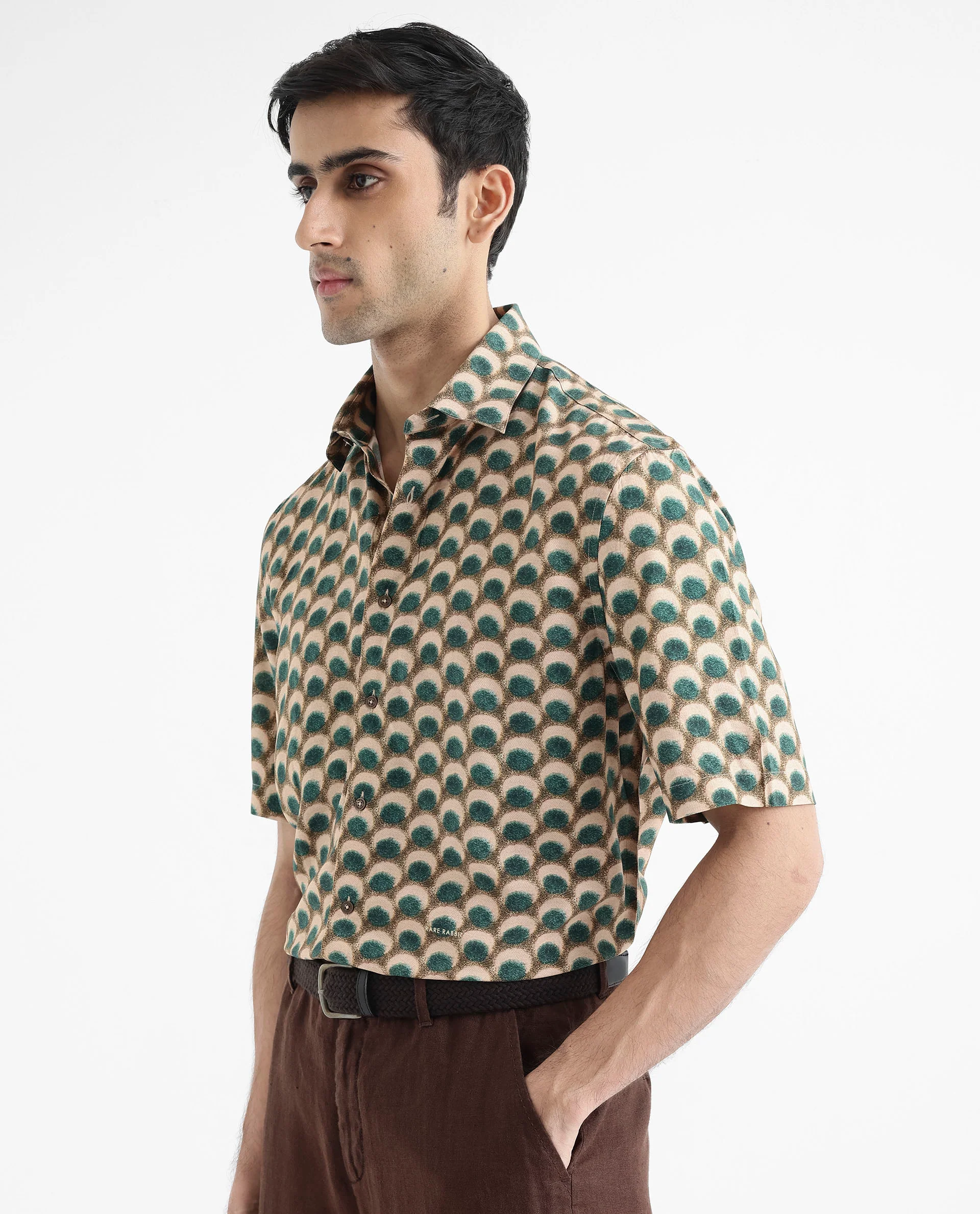 Rare Rabbit Men's Tokai Olive Viscose Geometric Print Regular Fit Half Sleeve Collared Shirt - Image 3