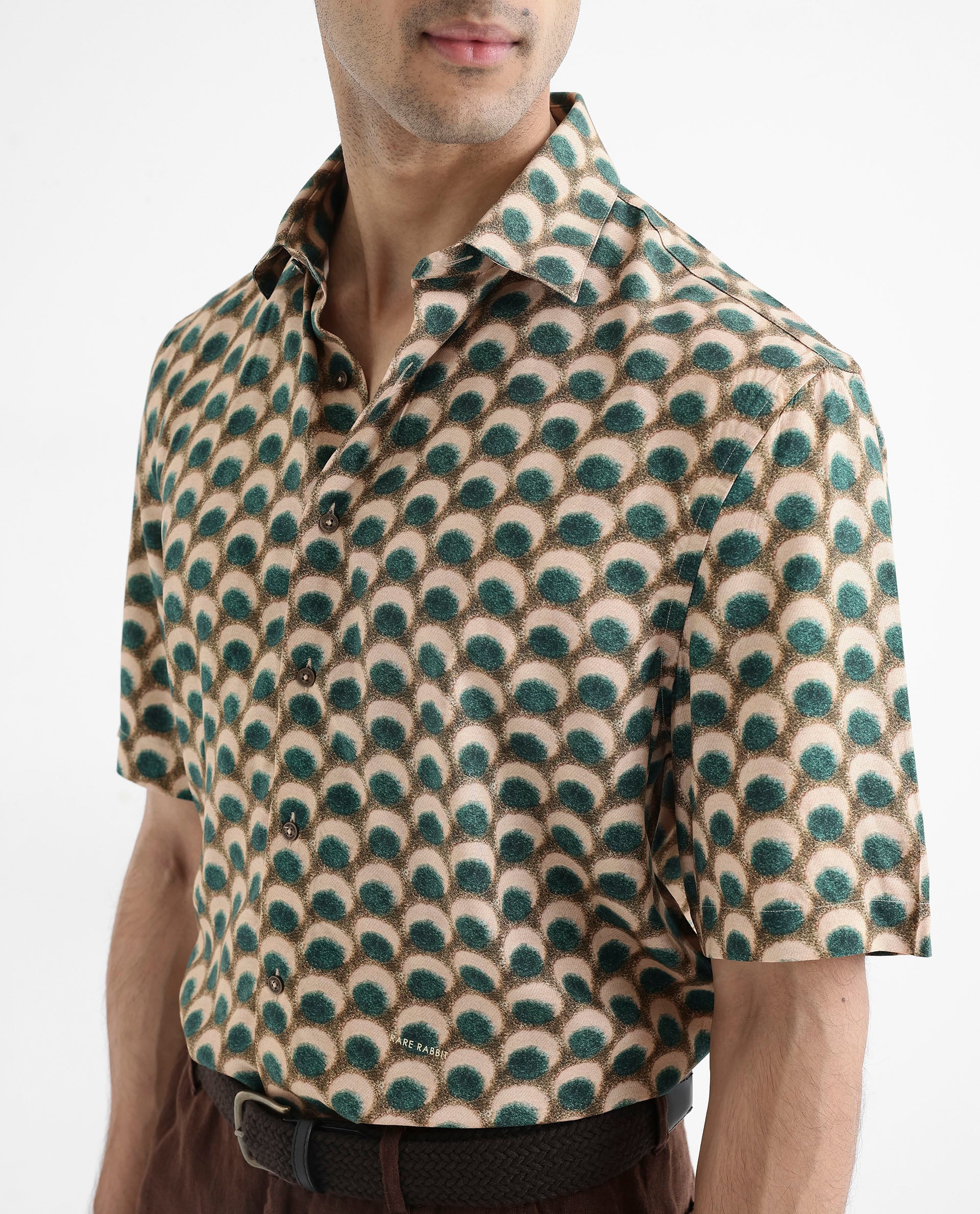 Rare Rabbit Men's Tokai Olive Viscose Geometric Print Regular Fit Half Sleeve Collared Shirt - Image 4