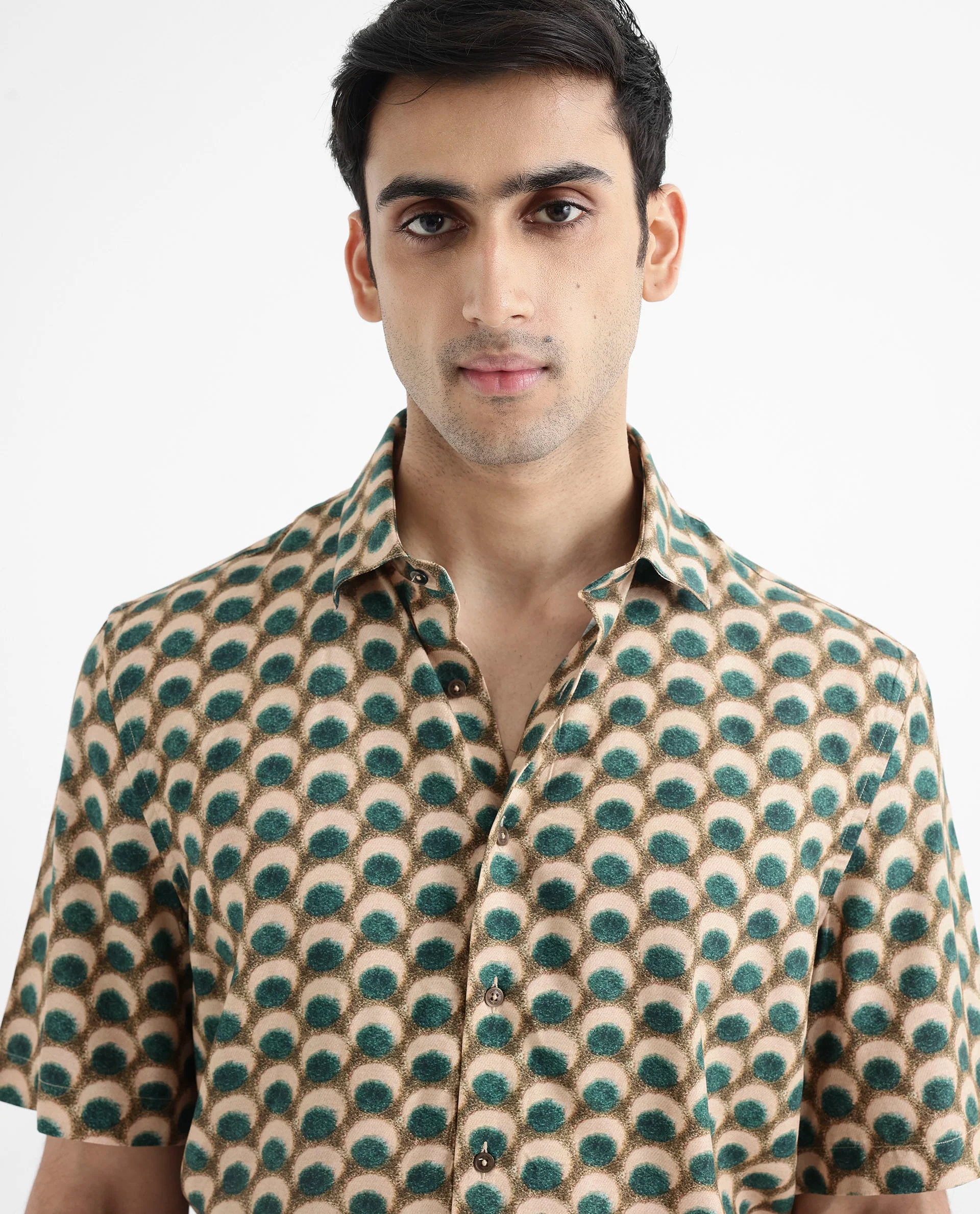Rare Rabbit Men's Tokai Olive Viscose Geometric Print Regular Fit Half Sleeve Collared Shirt - Image 5
