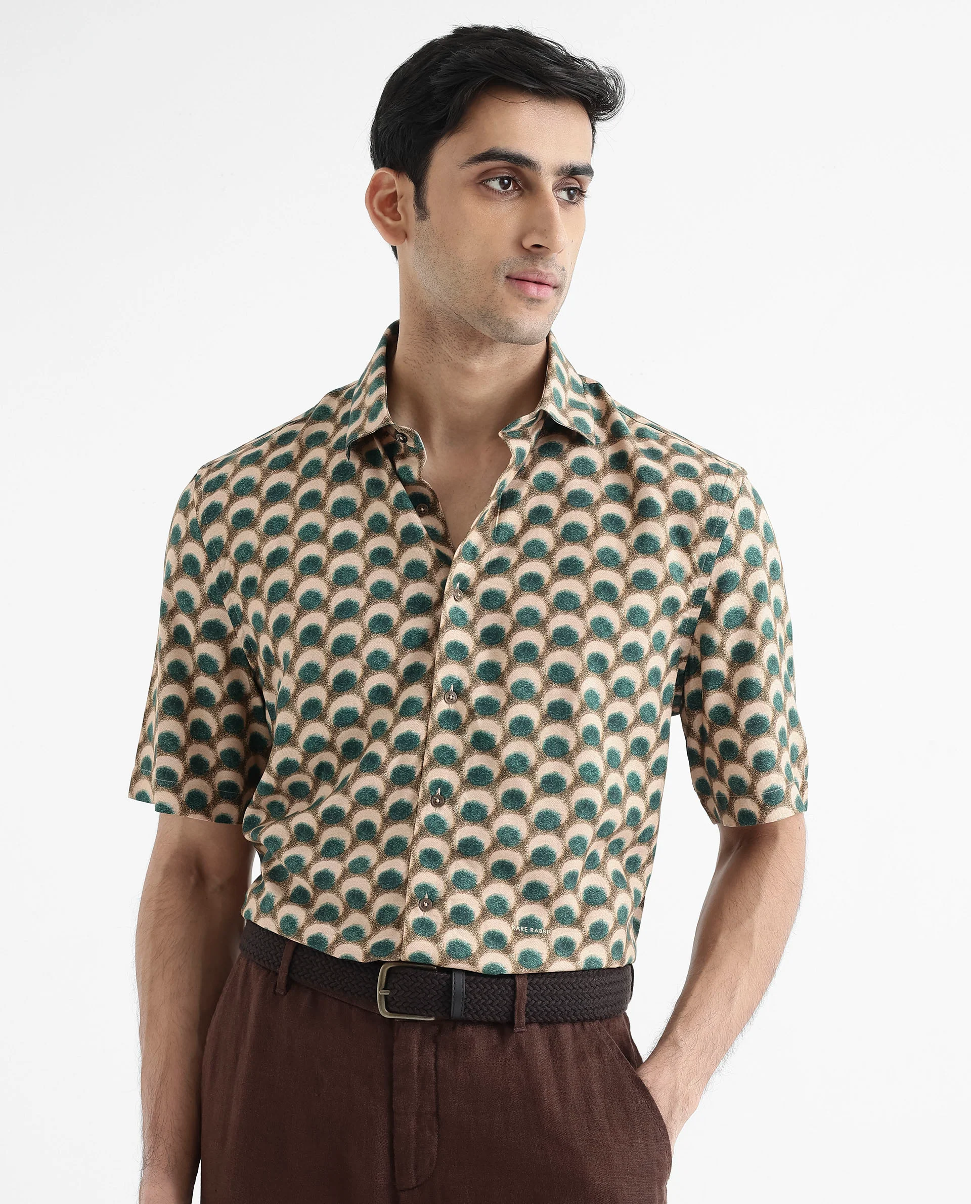 Rare Rabbit Men's Tokai Olive Viscose Geometric Print Regular Fit Half Sleeve Collared Shirt - Image 6