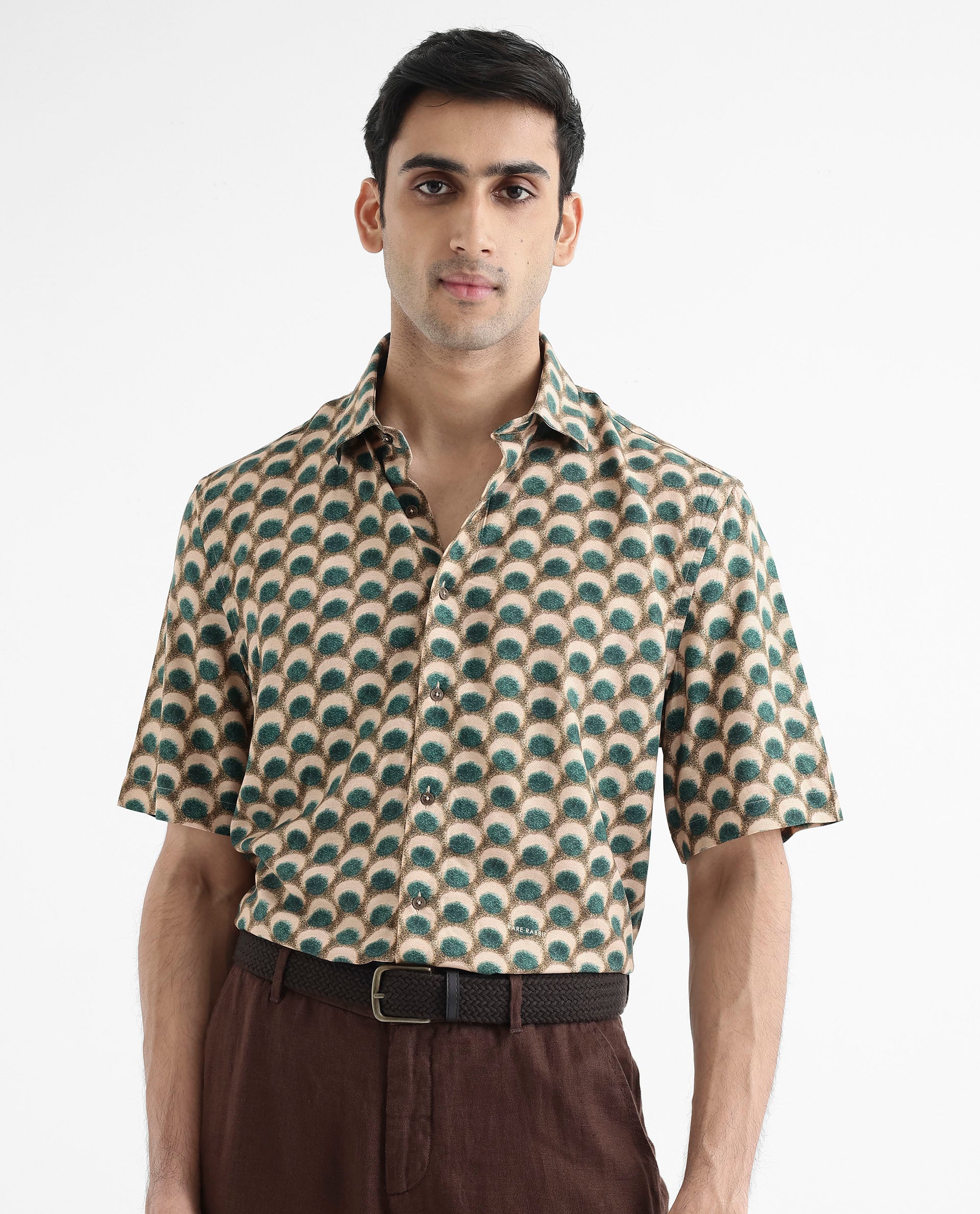 Rare Rabbit Men's Tokai Olive Viscose Geometric Print Regular Fit Half Sleeve Collared Shirt - Image 7