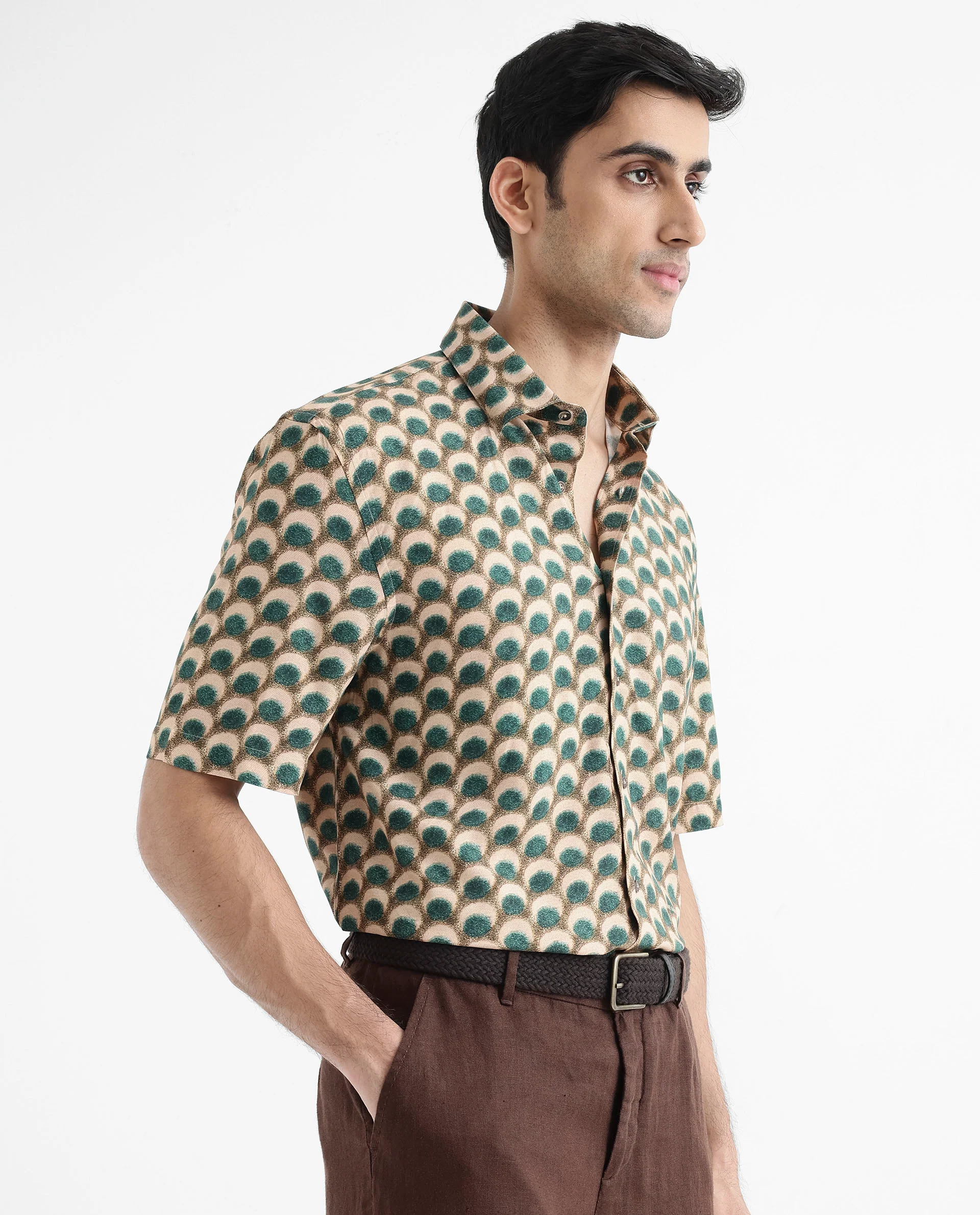 Rare Rabbit Men's Tokai Olive Viscose Geometric Print Regular Fit Half Sleeve Collared Shirt - Image 8