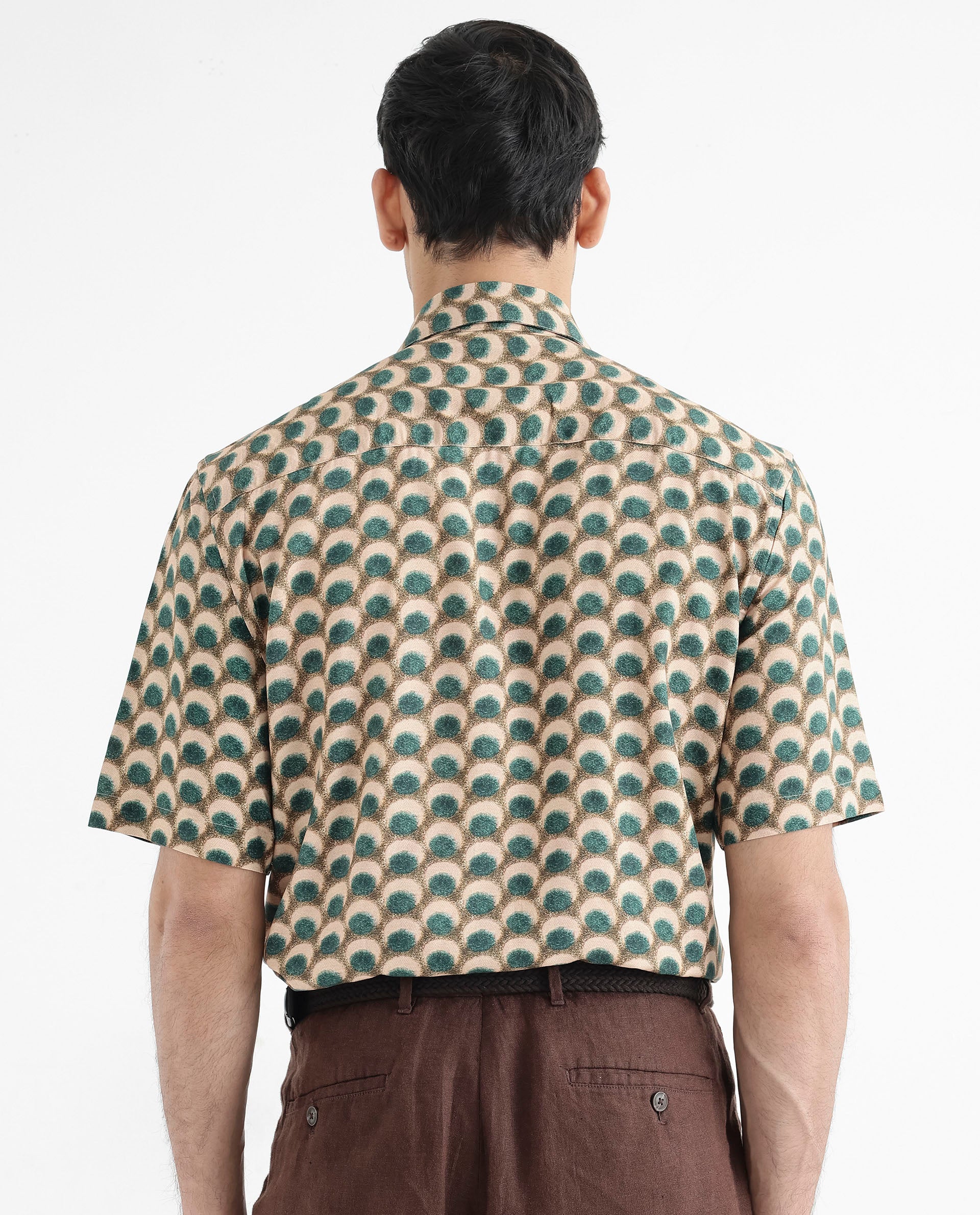 Rare Rabbit Men's Tokai Olive Viscose Geometric Print Regular Fit Half Sleeve Collared Shirt - Image 9