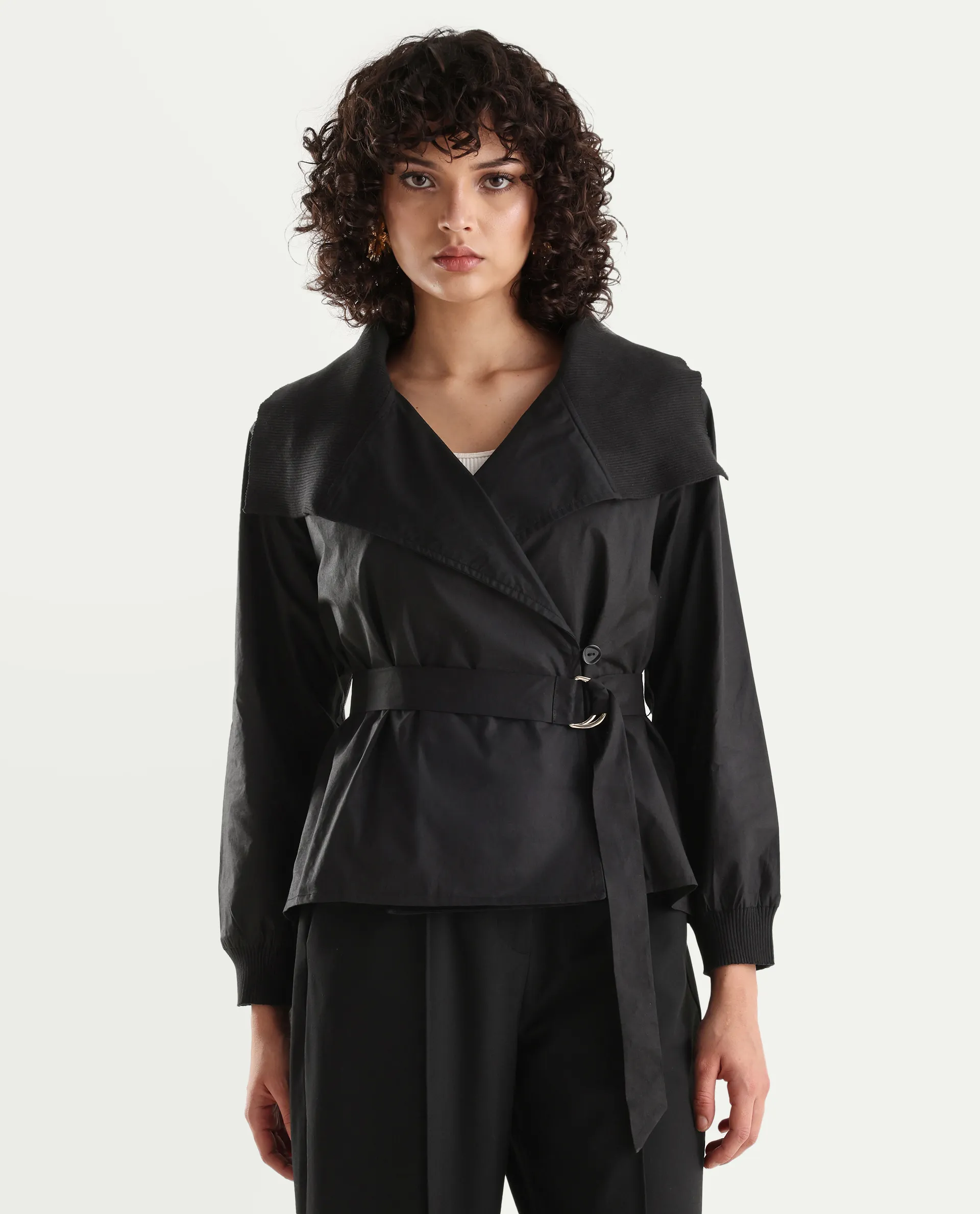 Rareism Women's Tokat Black Cotton Ribbed Collar Plain Ribbed Sleeve Boxy Fit Jacket - Image 3