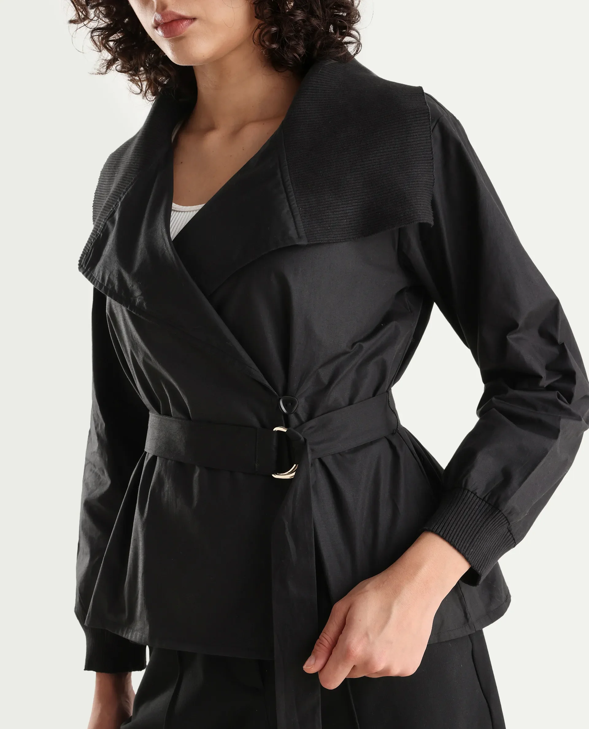 Rareism Women's Tokat Black Cotton Ribbed Collar Plain Ribbed Sleeve Boxy Fit Jacket - Image 4