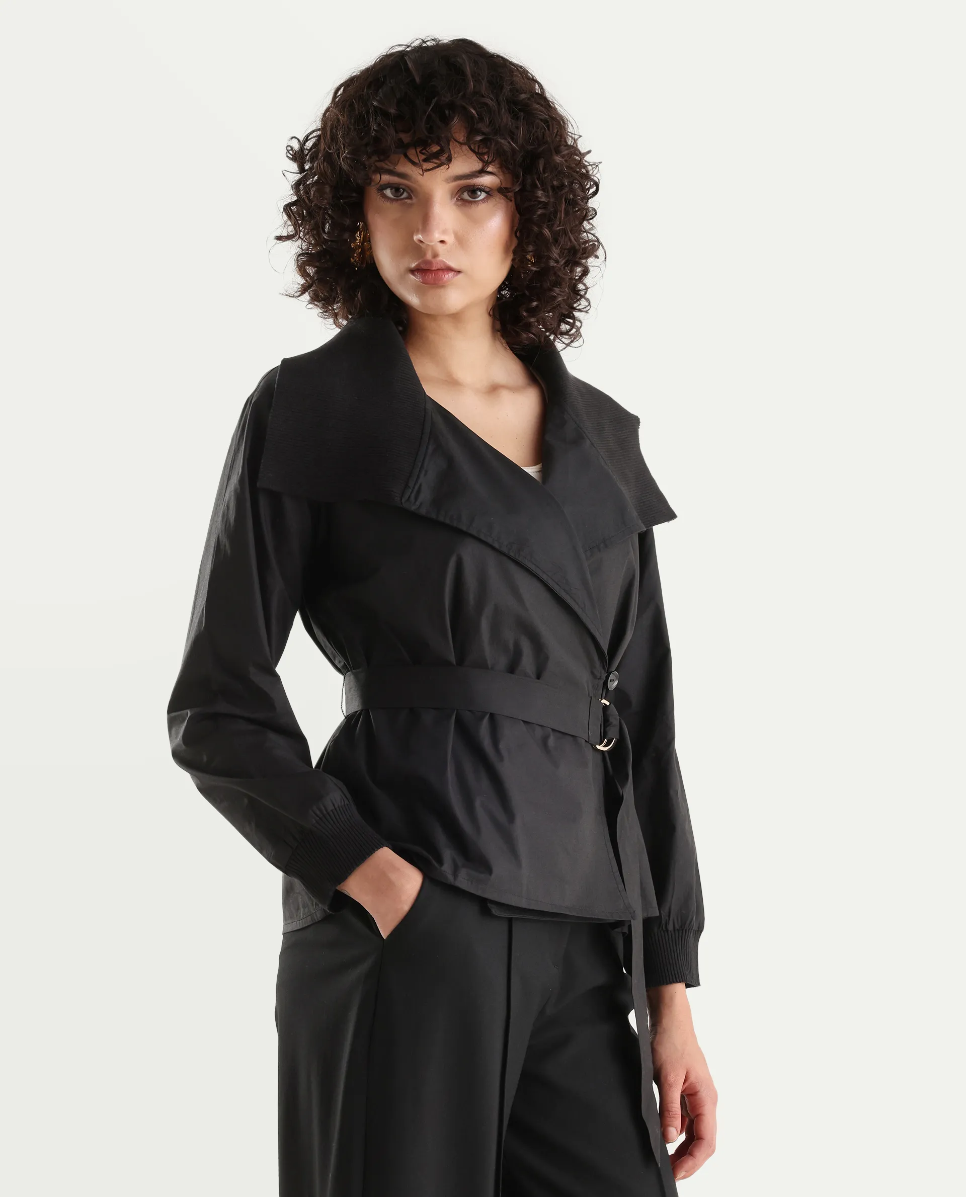 Rareism Women's Tokat Black Cotton Ribbed Collar Plain Ribbed Sleeve Boxy Fit Jacket - Image 5