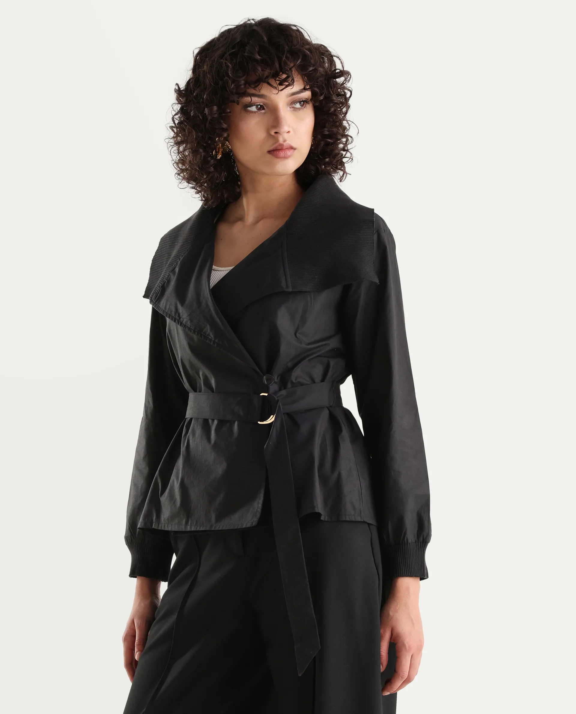 Rareism Women's Tokat Black Cotton Ribbed Collar Plain Ribbed Sleeve Boxy Fit Jacket - Image 6