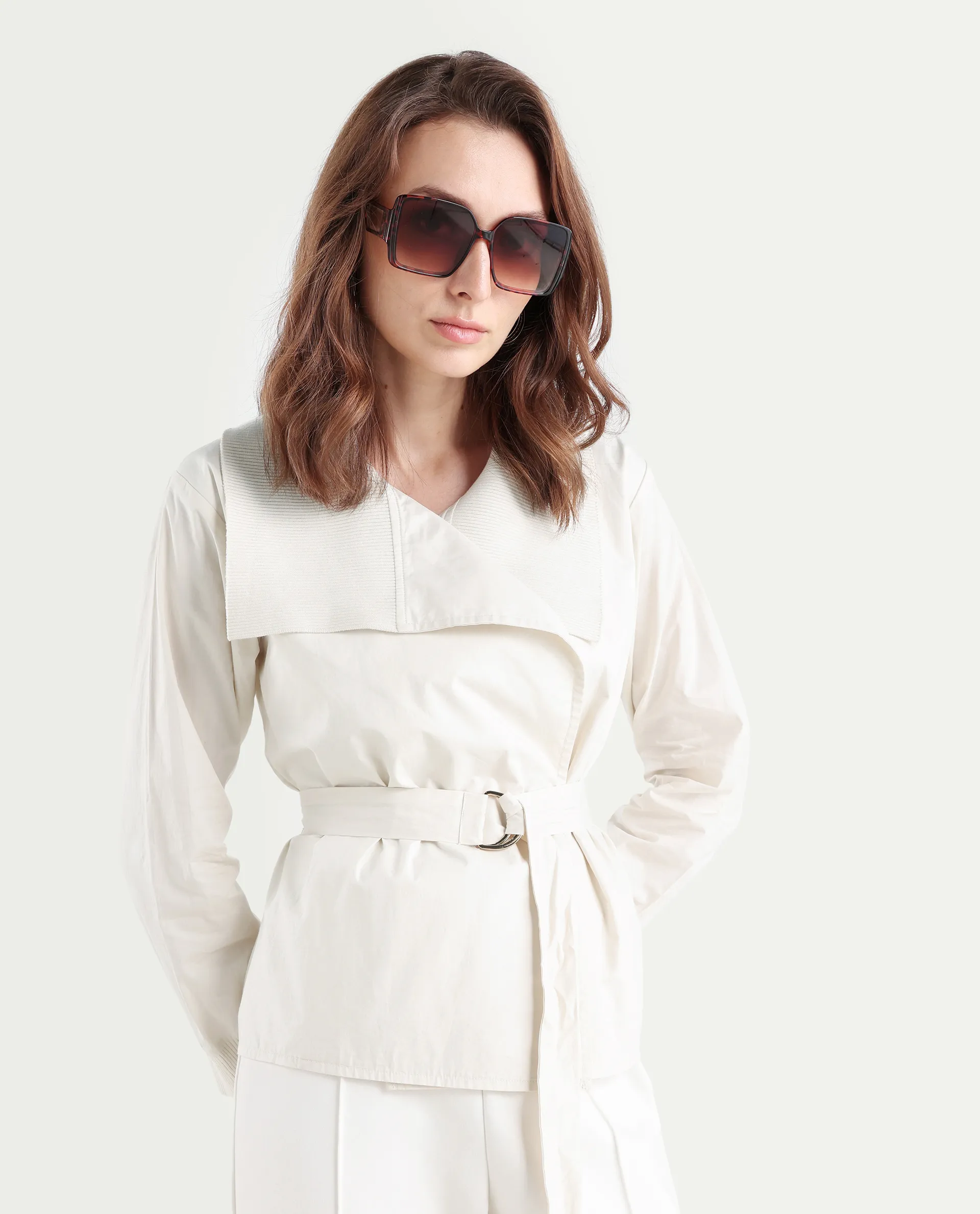 Rareism Women's Tokat Light Beige Cotton Ribbed Collar Plain Ribbed Sleeve Boxy Fit Jacket