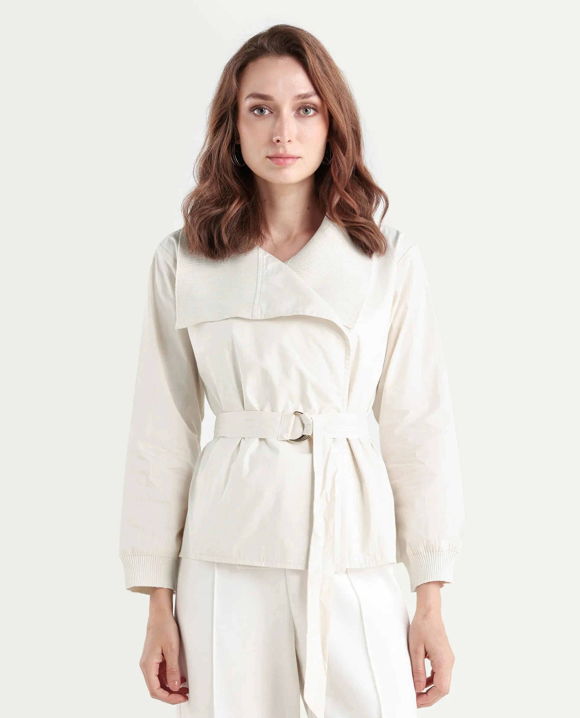 Rareism Women's Tokat Light Beige Cotton Ribbed Collar Plain Ribbed Sleeve Boxy Fit Jacket - Image 3