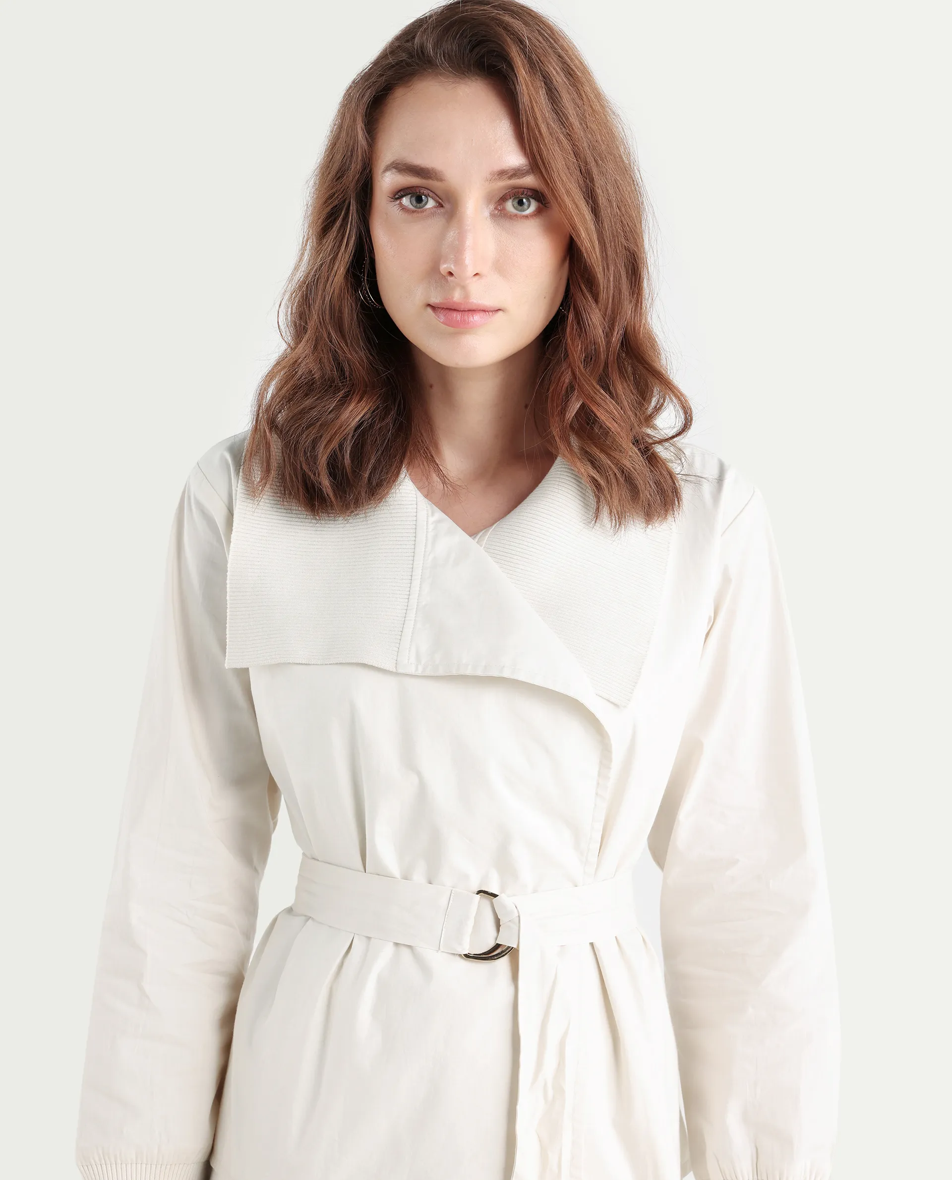Rareism Women's Tokat Light Beige Cotton Ribbed Collar Plain Ribbed Sleeve Boxy Fit Jacket - Image 4