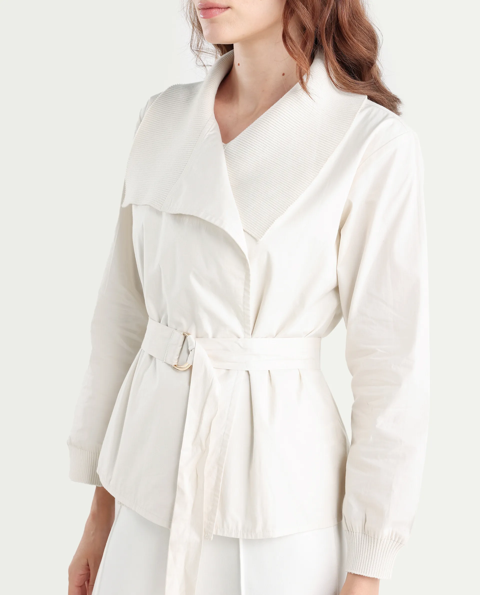 Rareism Women's Tokat Light Beige Cotton Ribbed Collar Plain Ribbed Sleeve Boxy Fit Jacket - Image 5
