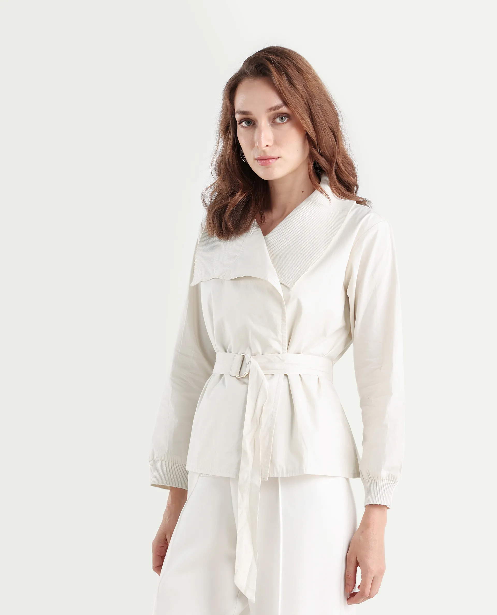 Rareism Women's Tokat Light Beige Cotton Ribbed Collar Plain Ribbed Sleeve Boxy Fit Jacket - Image 6