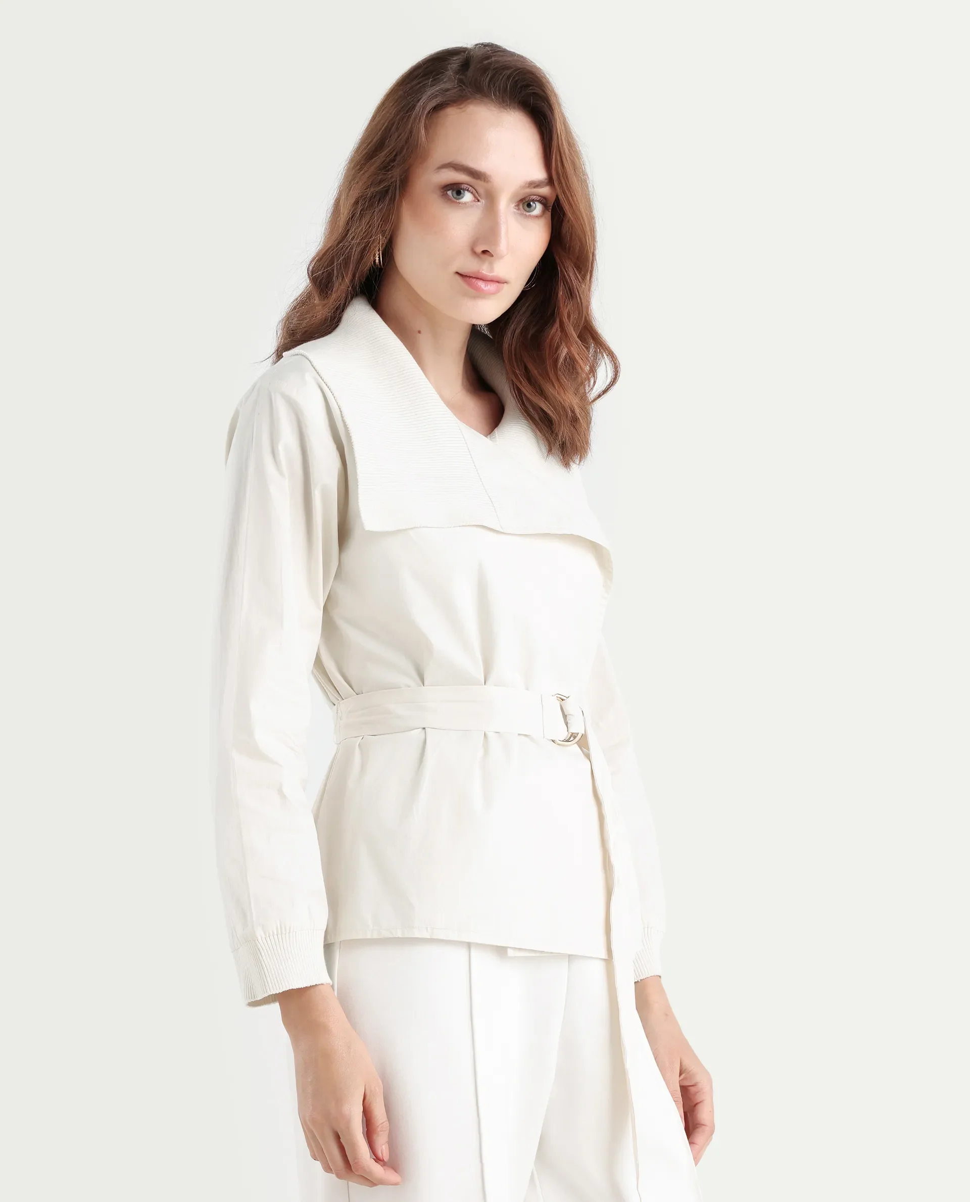 Rareism Women's Tokat Light Beige Cotton Ribbed Collar Plain Ribbed Sleeve Boxy Fit Jacket - Image 7