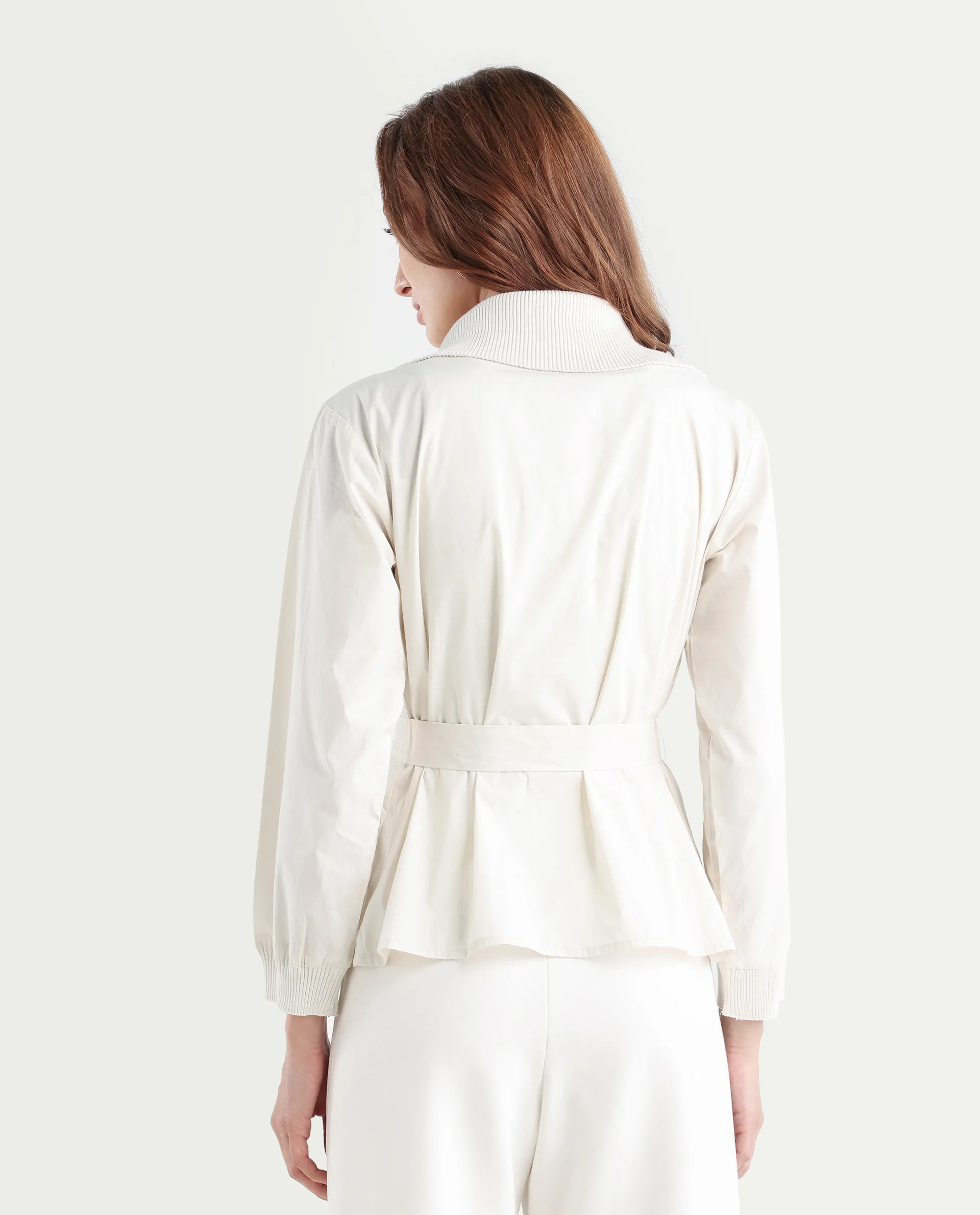 Rareism Women's Tokat Light Beige Cotton Ribbed Collar Plain Ribbed Sleeve Boxy Fit Jacket - Image 8