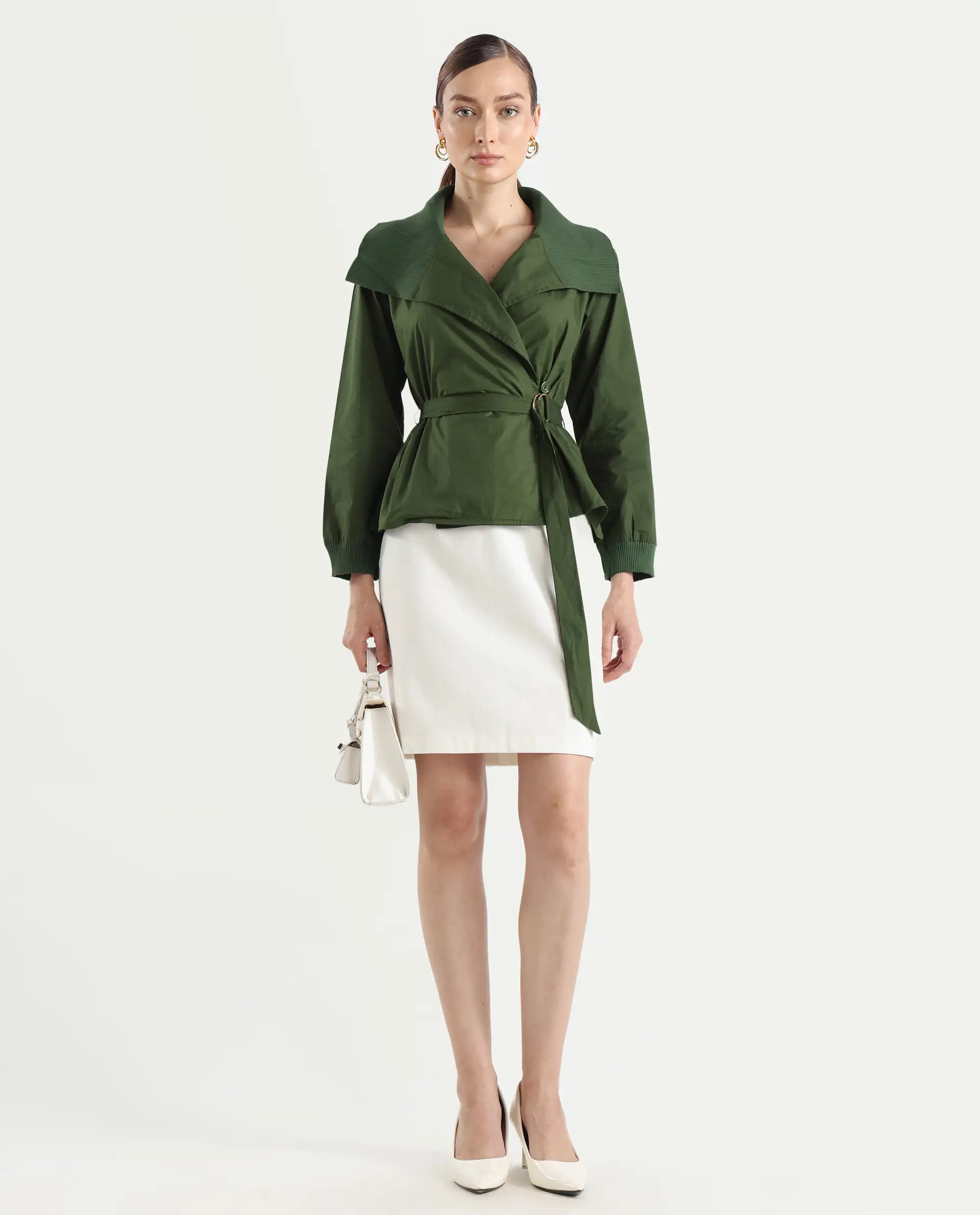 Rareism Women's Tokat Olive Cotton Ribbed Collar Plain Ribbed Sleeve Boxy Fit Jacket - Image 2