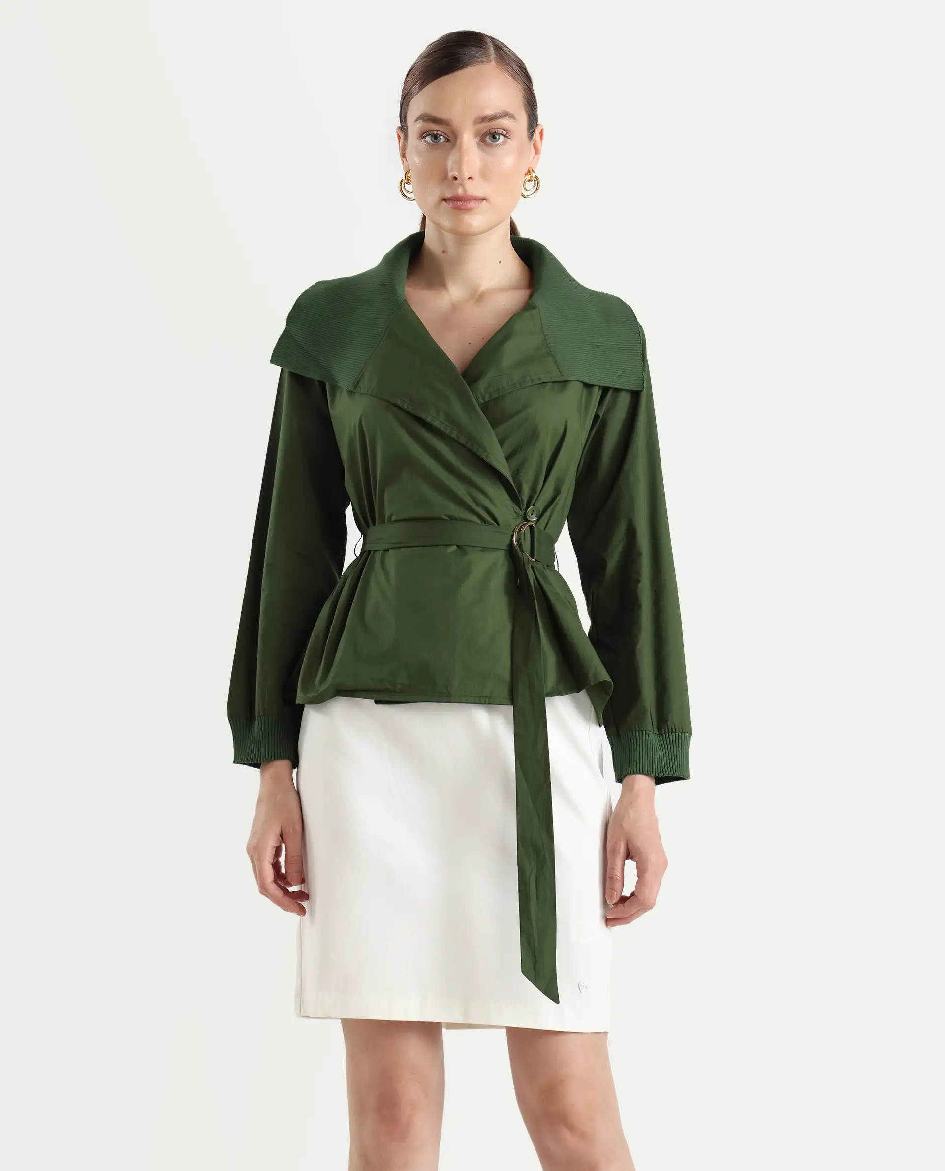 Rareism Women's Tokat Olive Cotton Ribbed Collar Plain Ribbed Sleeve Boxy Fit Jacket - Image 3