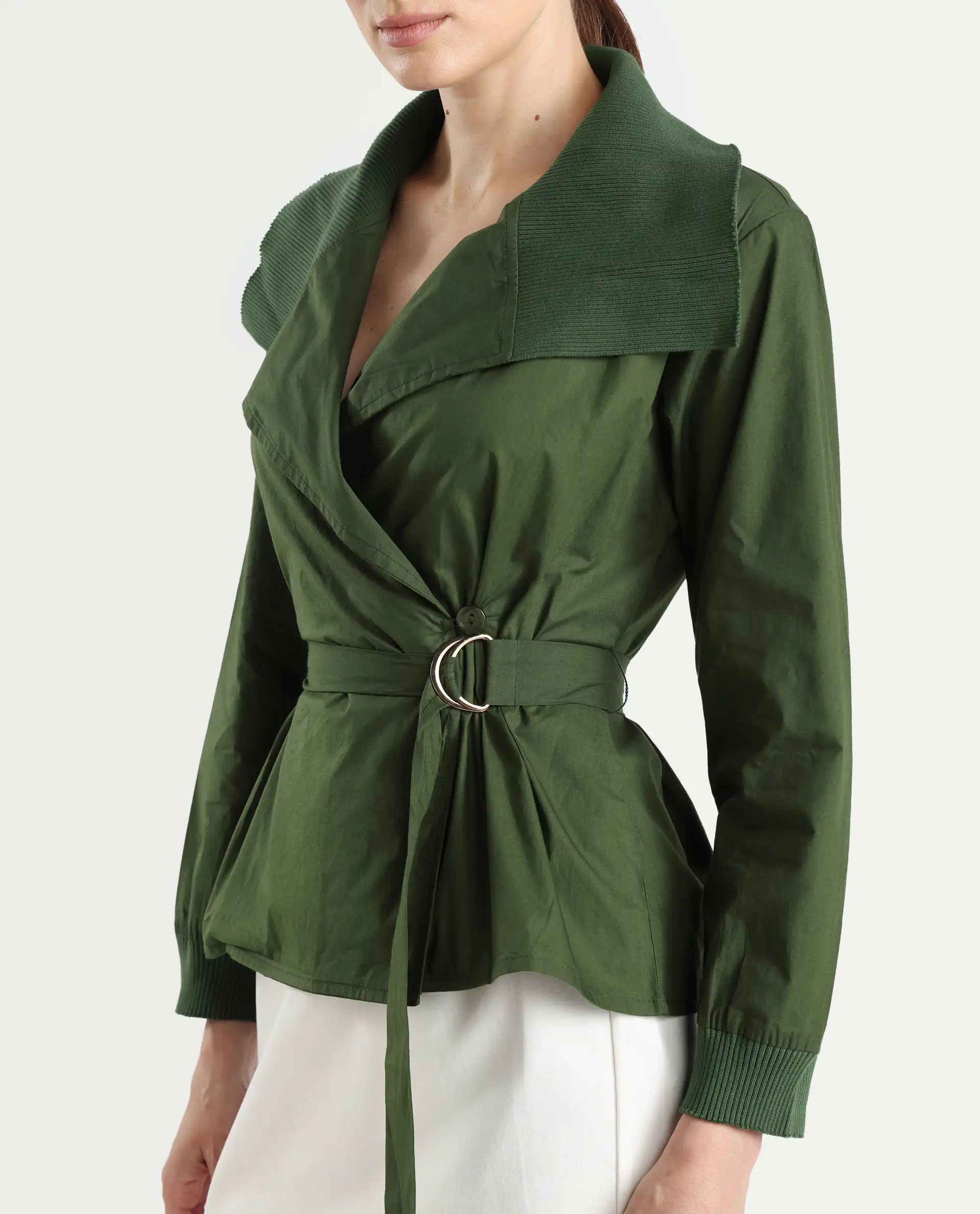 Rareism Women's Tokat Olive Cotton Ribbed Collar Plain Ribbed Sleeve Boxy Fit Jacket - Image 4