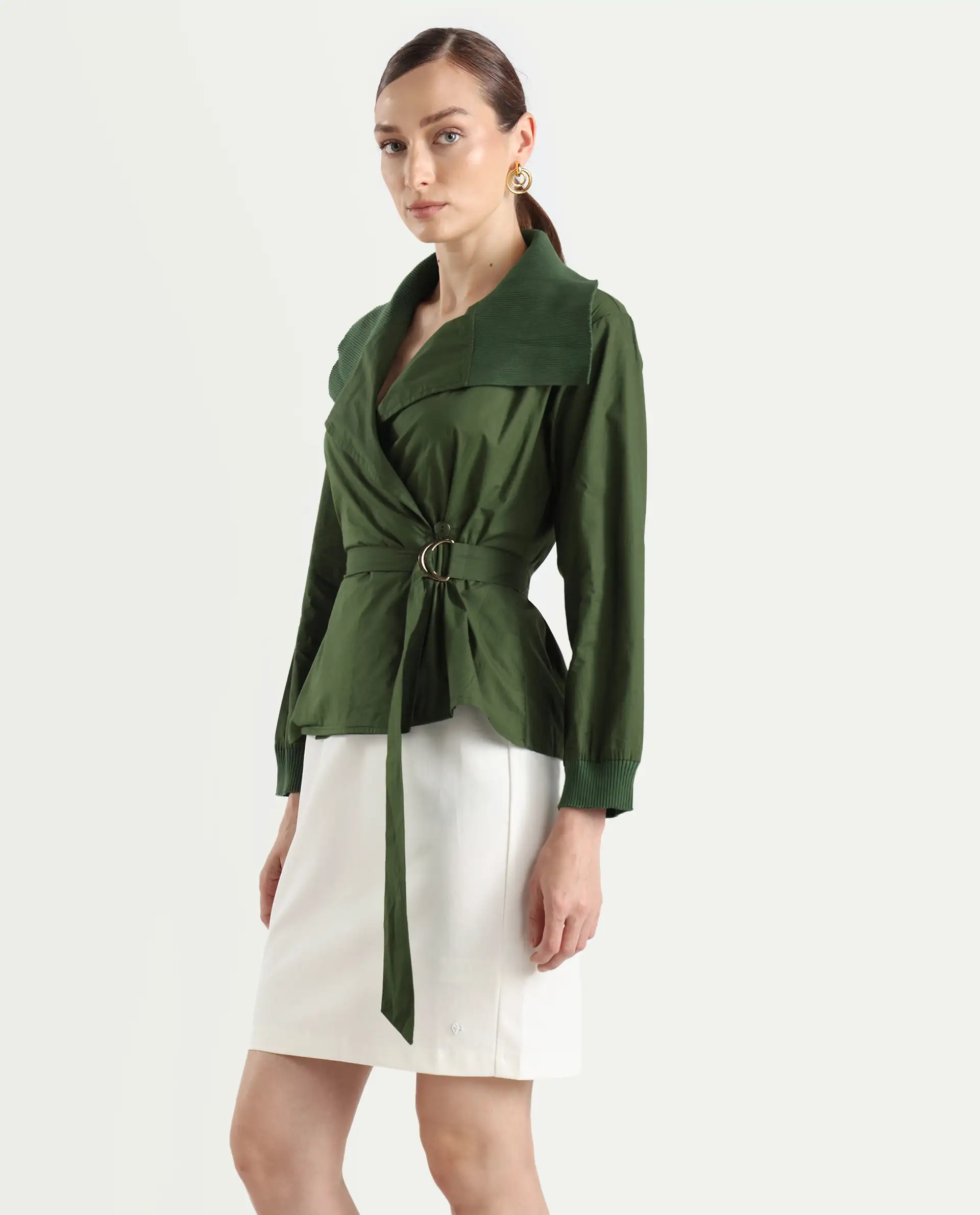 Rareism Women's Tokat Olive Cotton Ribbed Collar Plain Ribbed Sleeve Boxy Fit Jacket - Image 5