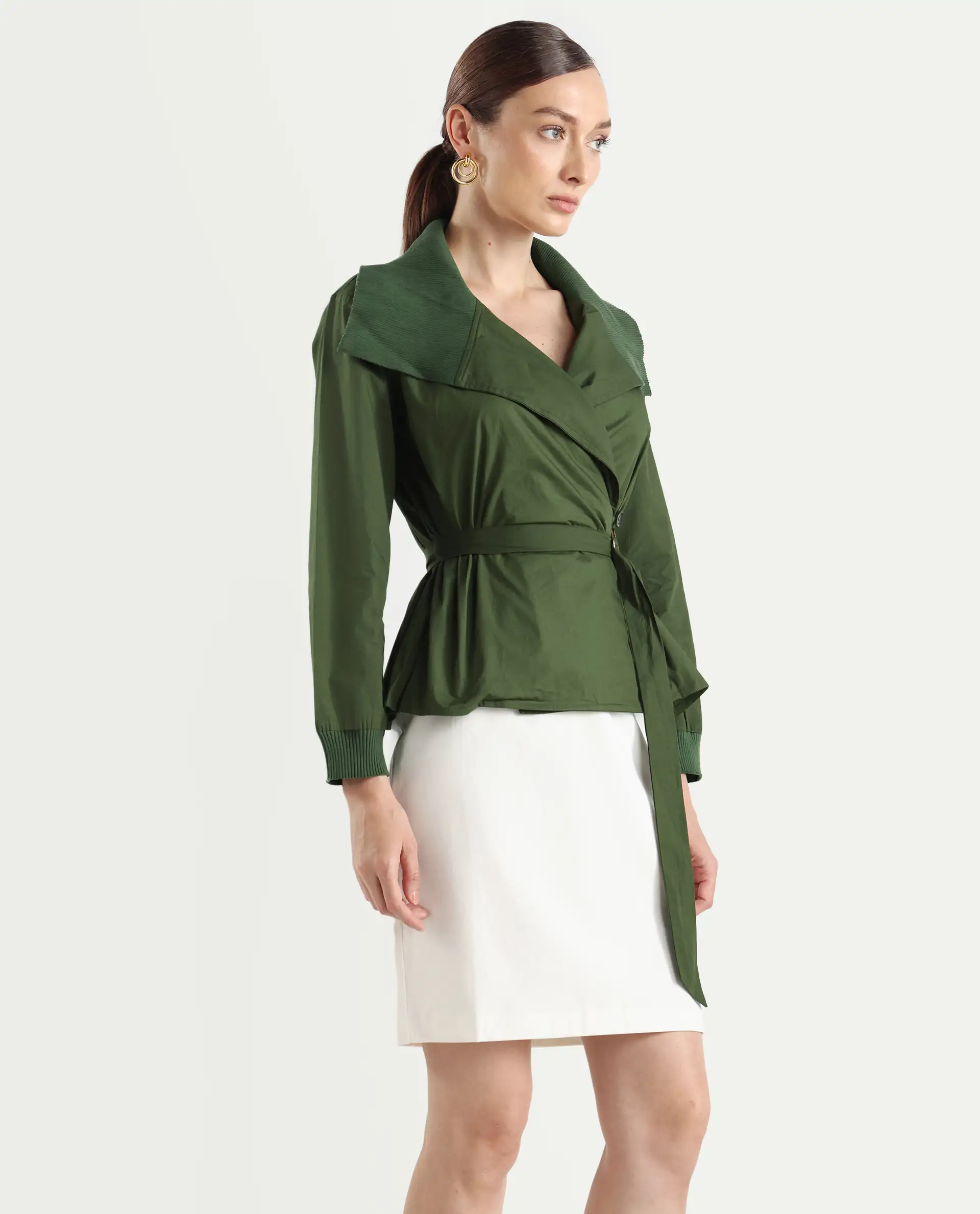 Rareism Women's Tokat Olive Cotton Ribbed Collar Plain Ribbed Sleeve Boxy Fit Jacket - Image 6
