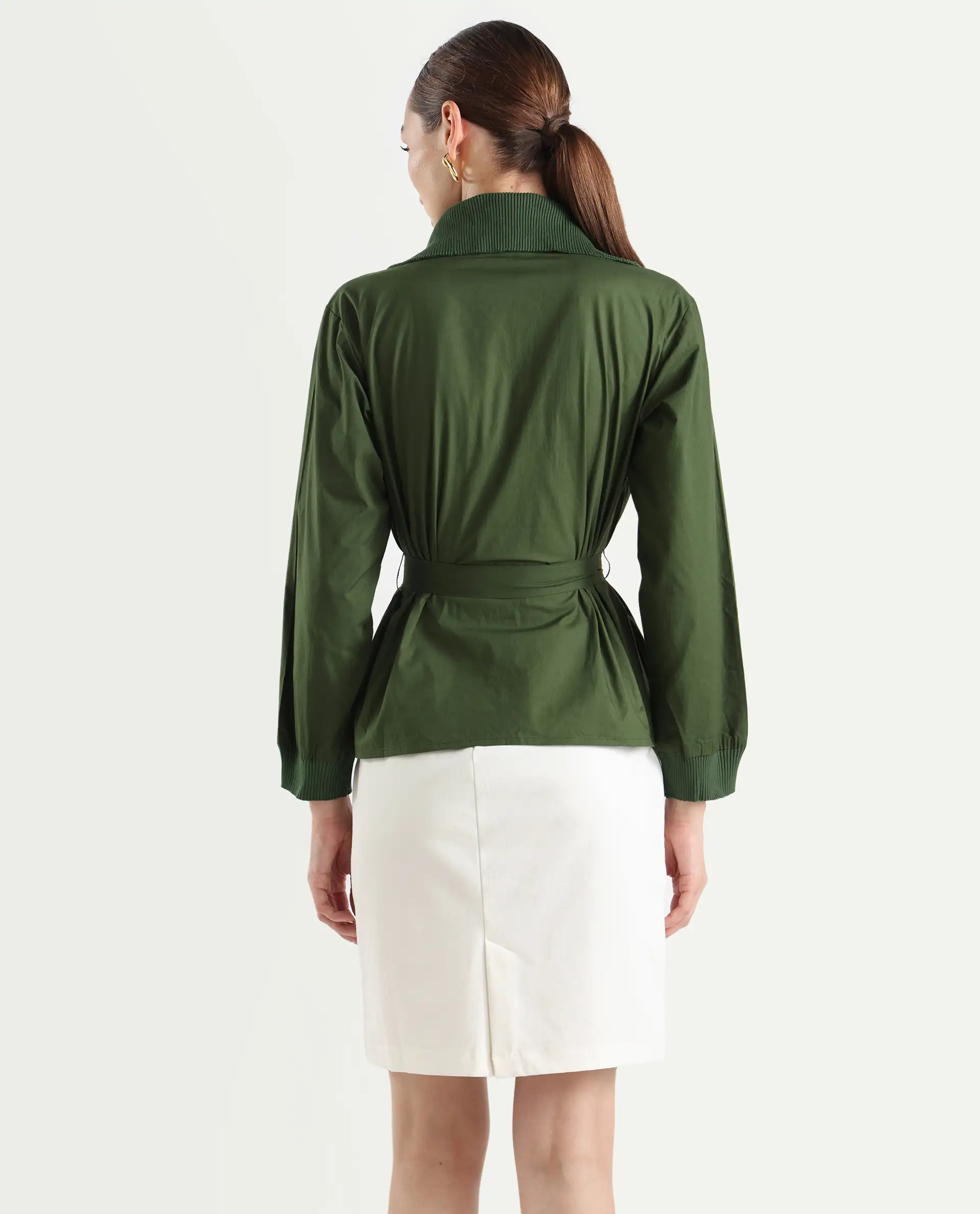 Rareism Women's Tokat Olive Cotton Ribbed Collar Plain Ribbed Sleeve Boxy Fit Jacket - Image 7