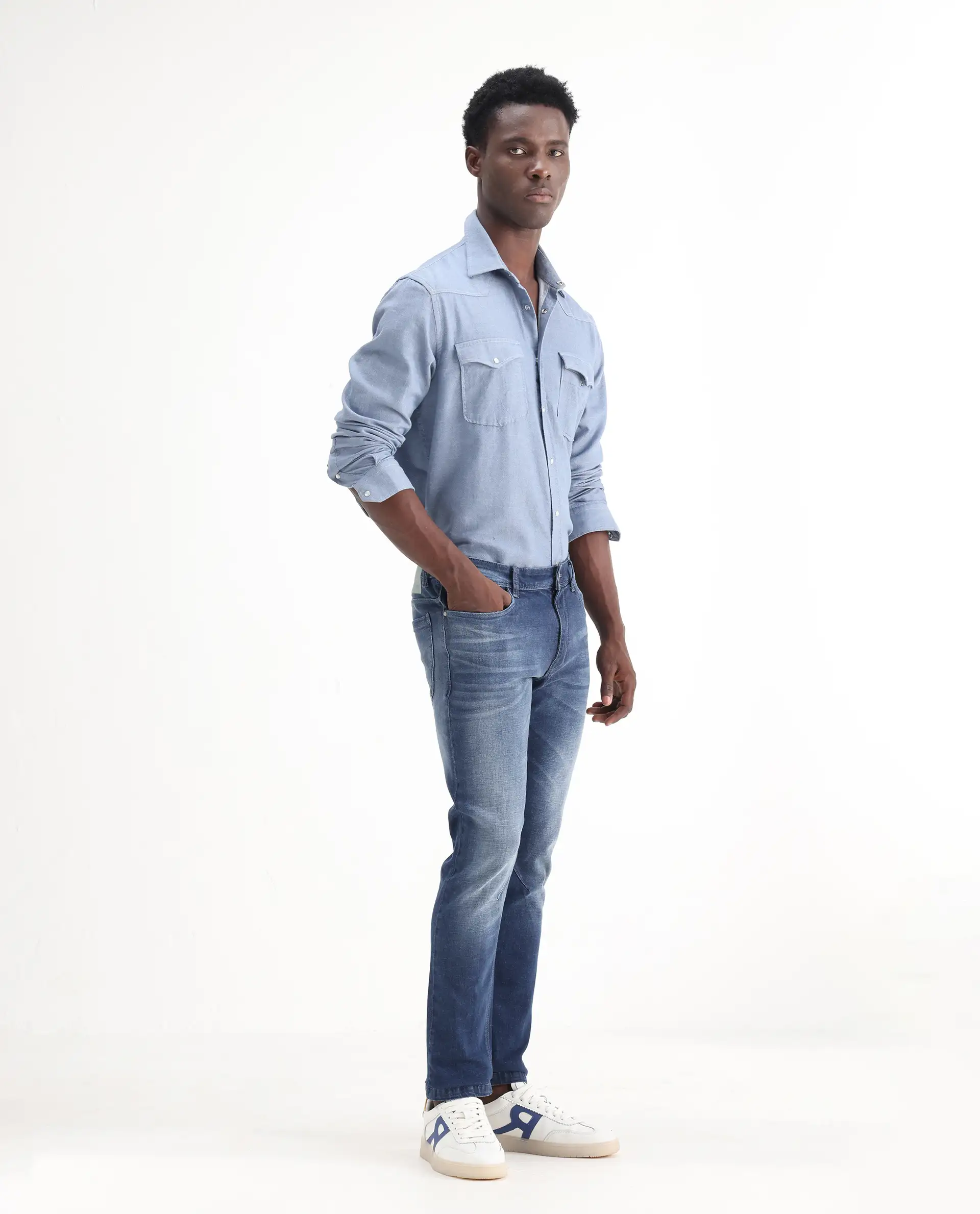 Rare Rabbit Men's Toke Blue Cotton Plain Hawk Slim Fit Jeans - Image 5