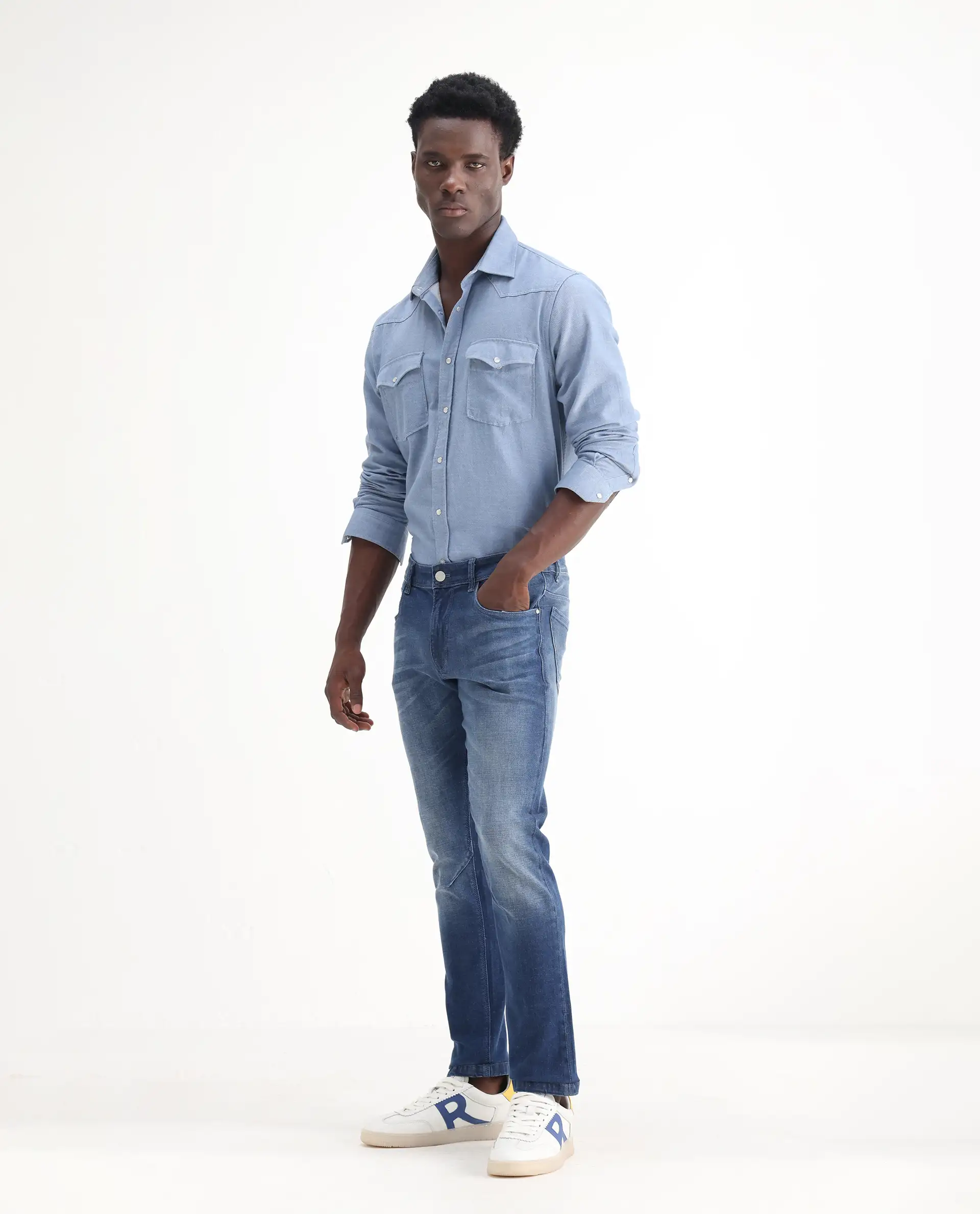 Rare Rabbit Men's Toke Blue Cotton Plain Hawk Slim Fit Jeans - Image 7