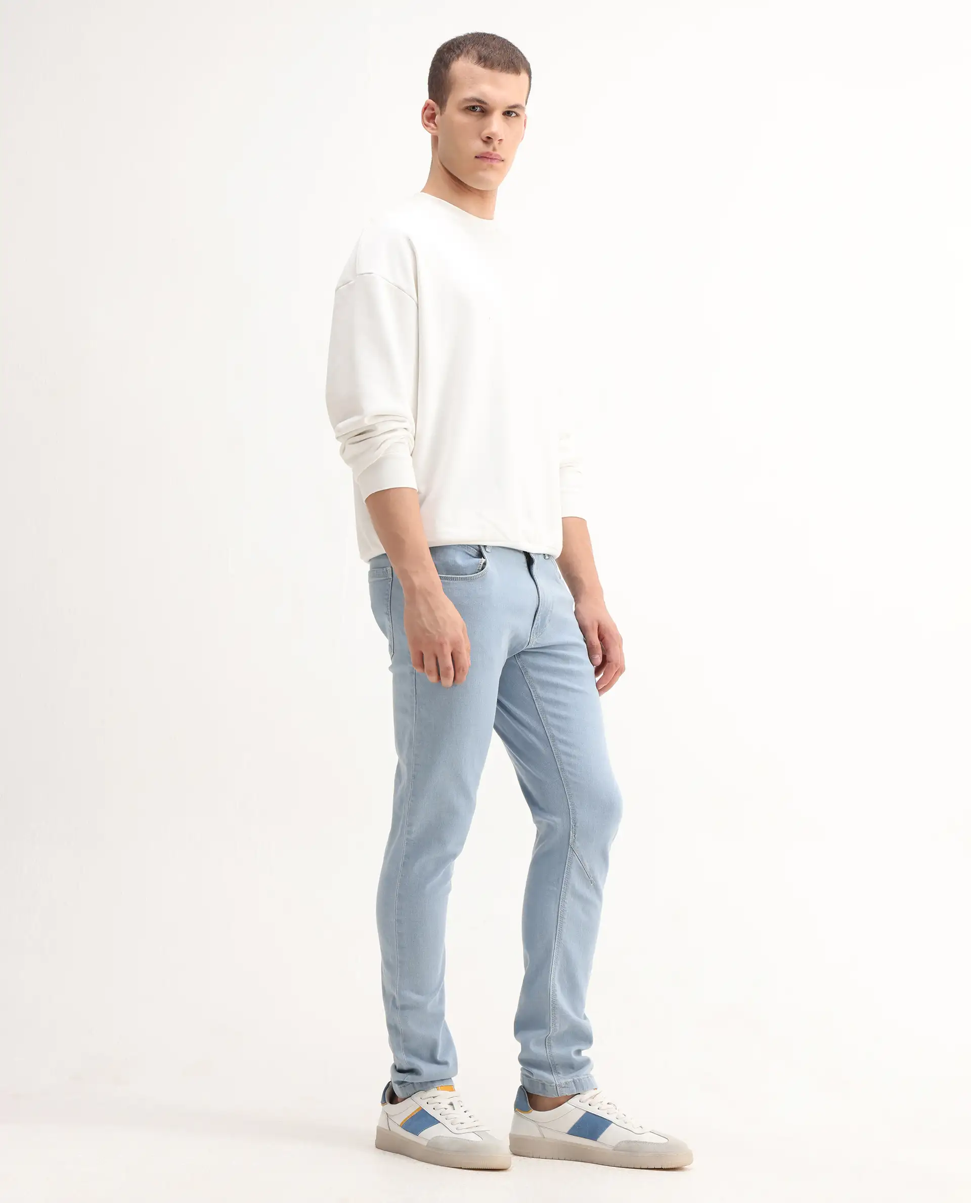 Rare Rabbit Men's Toke Light Blue Cotton Plain Hawk Slim Fit Jeans - Image 7