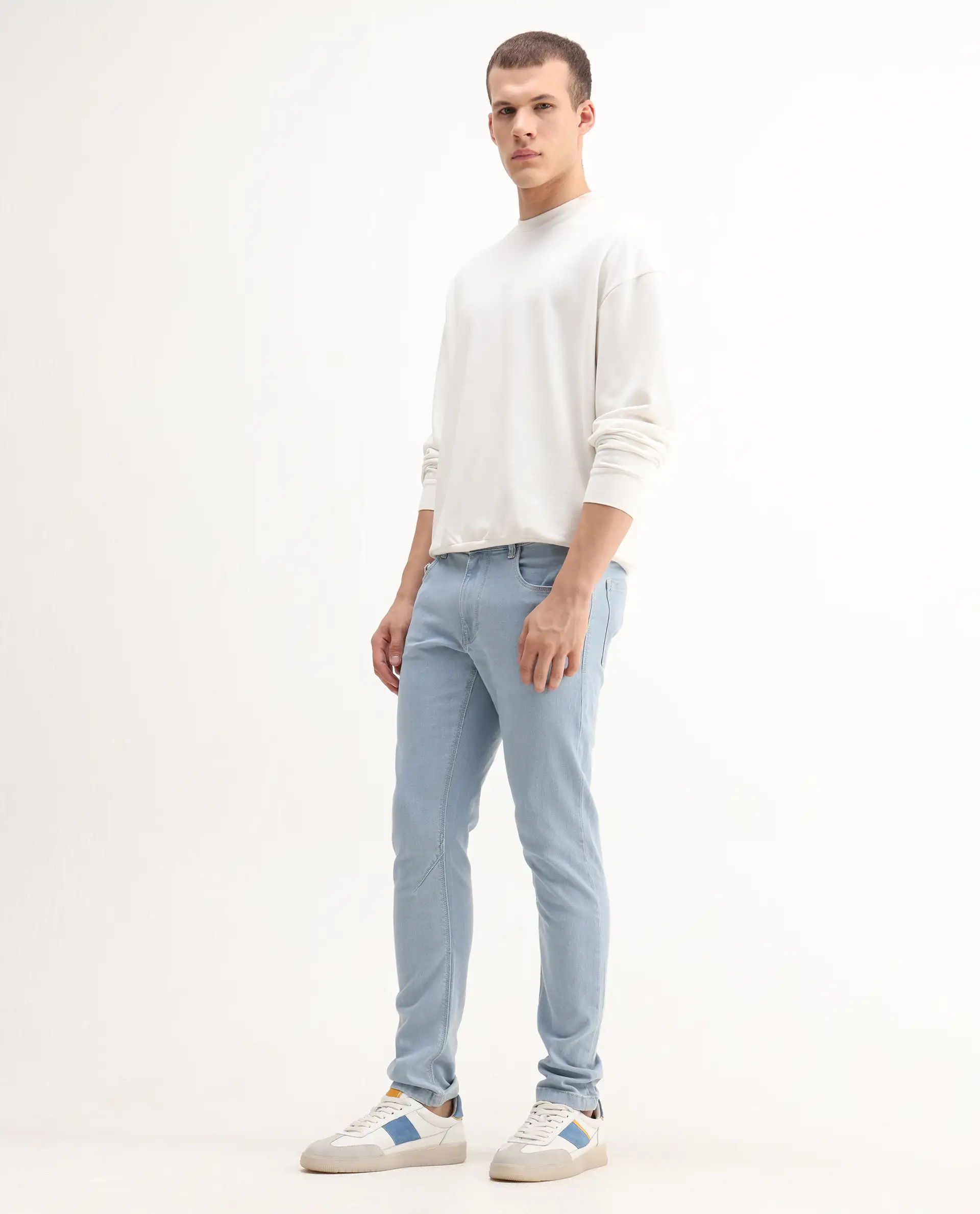 Rare Rabbit Men's Toke Light Blue Cotton Plain Hawk Slim Fit Jeans - Image 8